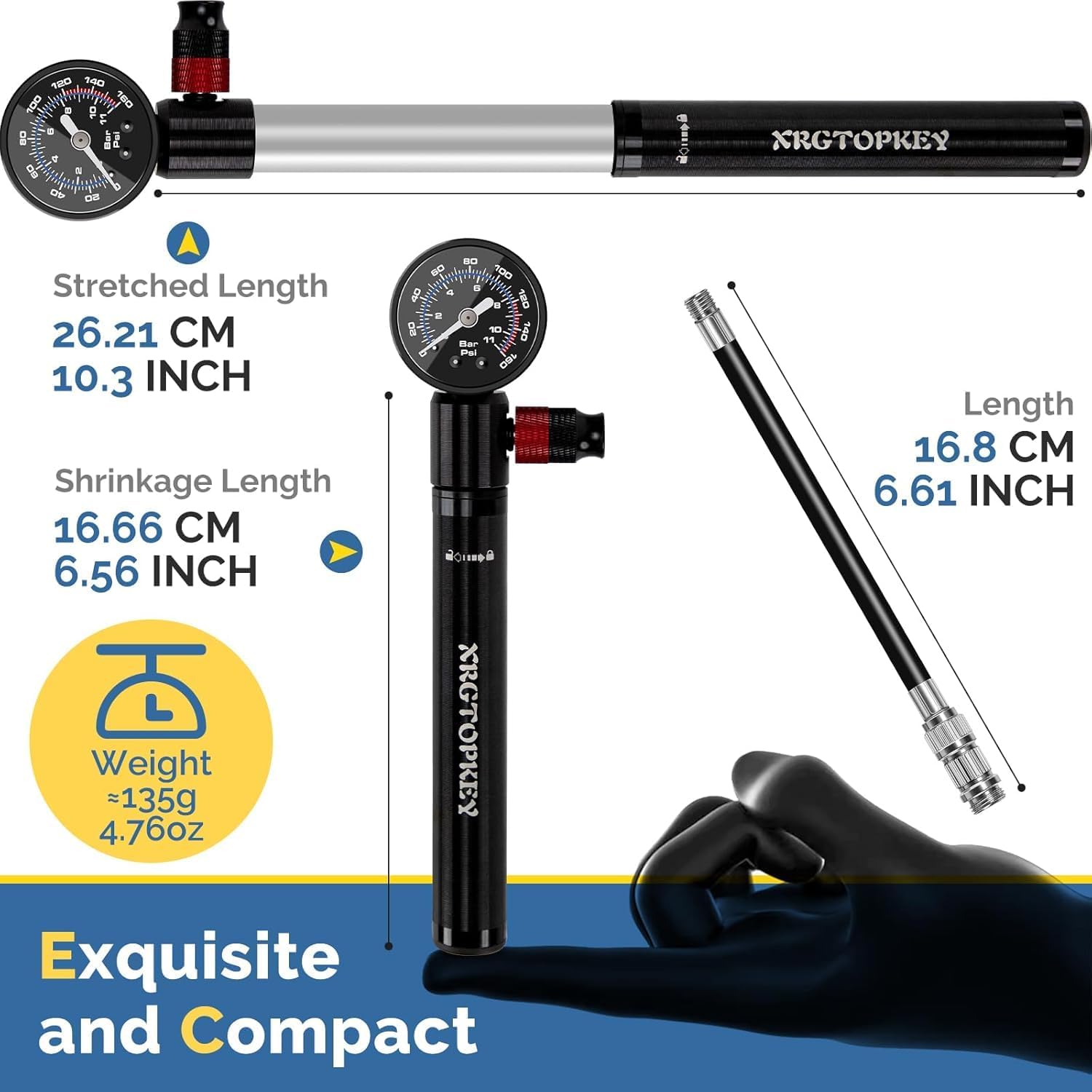 Mini Bike Pump with Gauge, Flexible Extension Hose & Frame Mount Bracket, Portable Bicycle Tire Pump Fits Presta & Schrader Valves, 160 PSI High Pressure Hand Pump for Road and Mountain Bikes