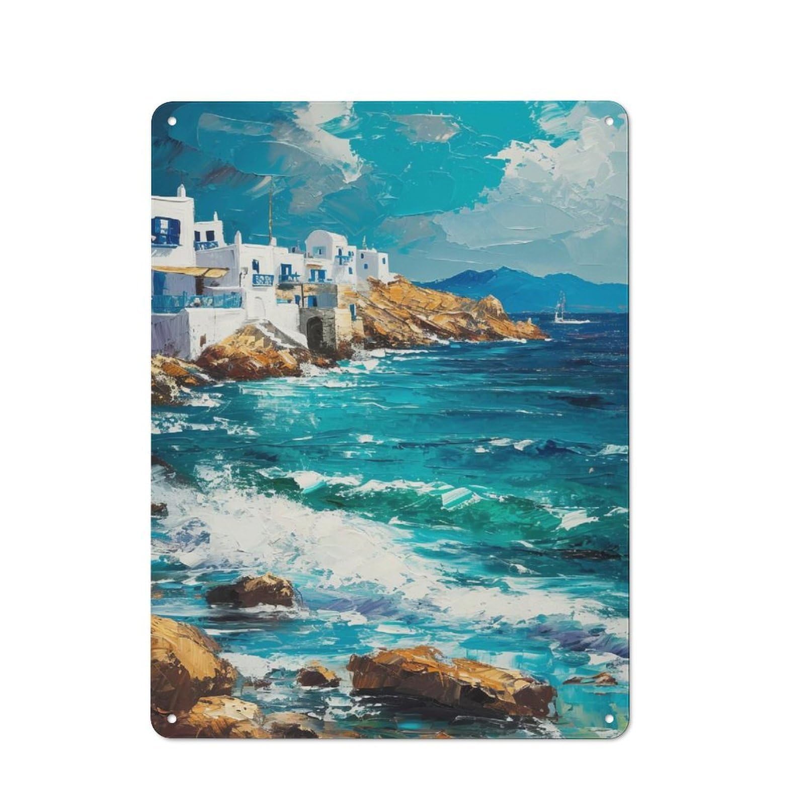 Coastal Village Painting with Turquoise Sea Rustic Metal Wall Decor 40x30cm, Decorative Metal Plaque for Shed, Garden Room, Porch Or Garage