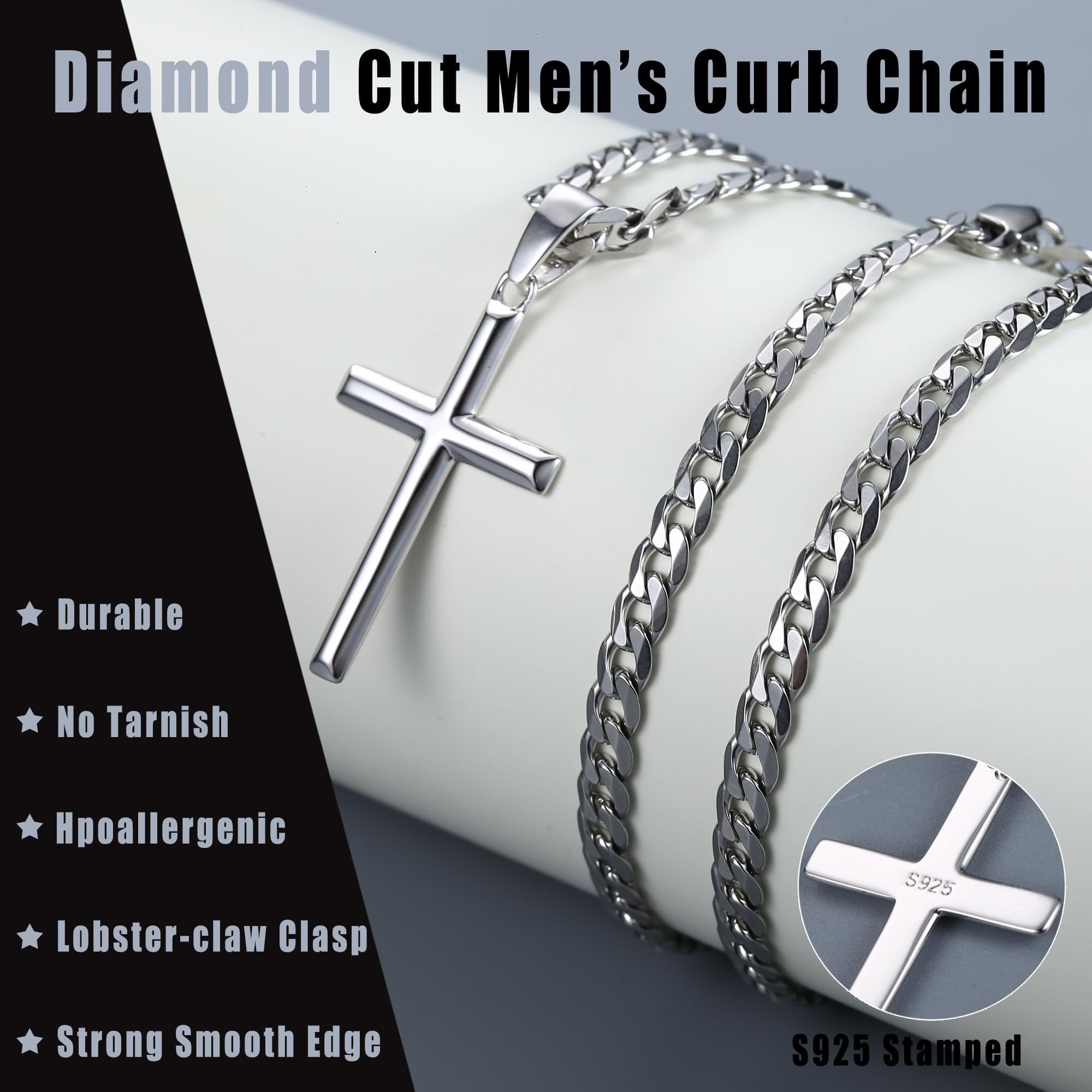 Chriscoco Collar Cruz Hombre Plata de Ley 925 Hombre Mujer 5MM Acero Inoxidable Cubano Cadena Collar con Colgante Cruz Cadena Plata para Hombre y Niños