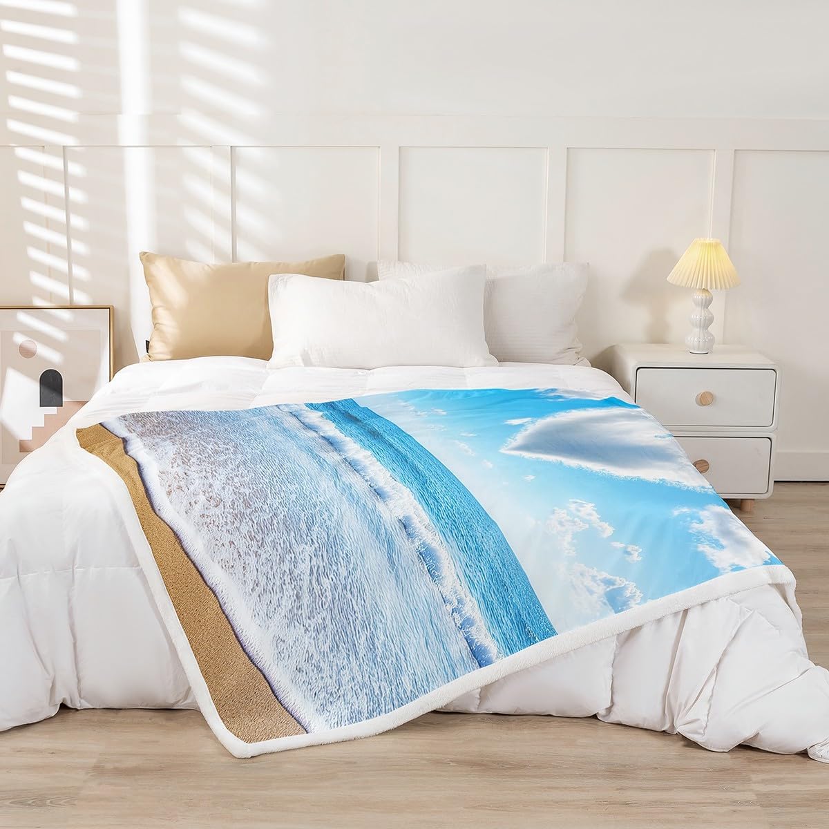 jejeloiu Beach Sherpa Blanket Twin 60"x80" Kids Ocean Print Coastal Fuzzy Blanket for Bed Sofa Couch Love Pattern Fleece Throw Blanket Natural Landscape Fuzzy Blanket Room Decorations