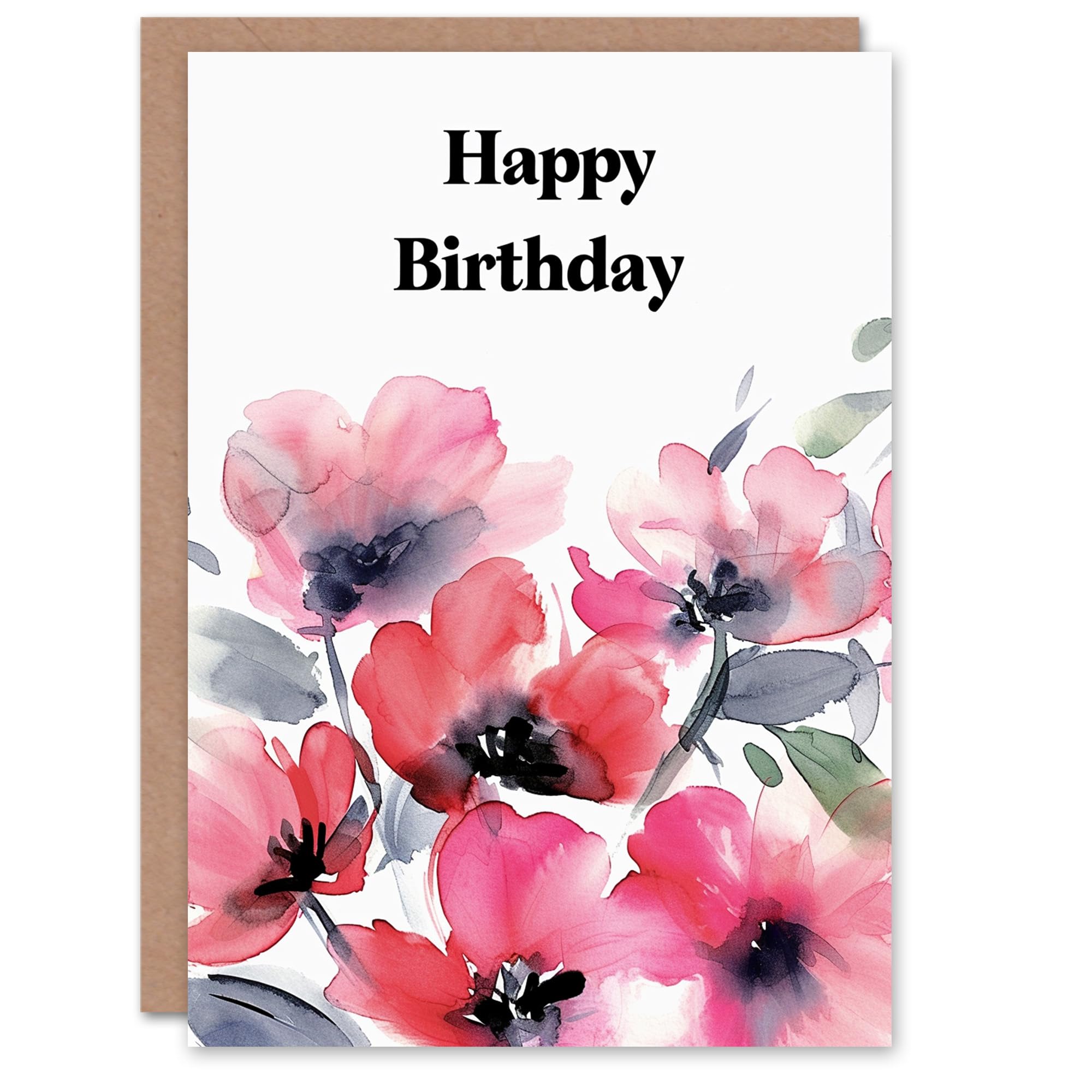 Artery8 Birthday Card Watercolour Painting Poppy Flower Bouquet Greeting Card Pink