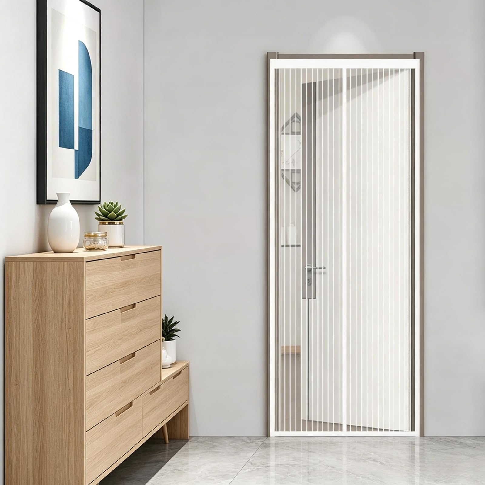 Magnetic Fly Screen Door 104 x 202 cm Keep Bugs Out Lets Fresh Air in Heavy Duty Self-Sealing Mesh No Drill Installation for Terrace, Cellar Sliding Doors, White