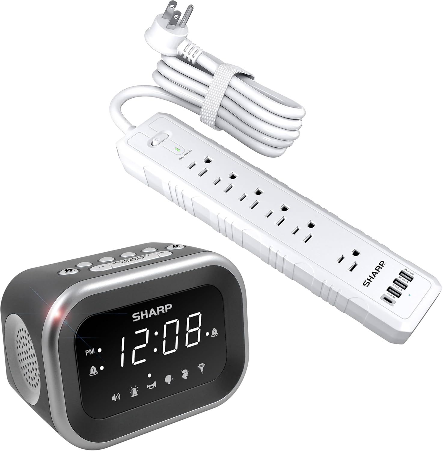 Amazon.com: Sharp Big Bang Alarm Clock Surge USB Power Strip with 6 ...