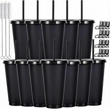 24 oz Reusable Plastic Cups, Custom Cups for Party with Lids and Straws, 12 Pack Iced Coffee Travel Mugs or Mean Girls Party Tumblers, Leak-Proof Coffee Travel Mug (12, Black)