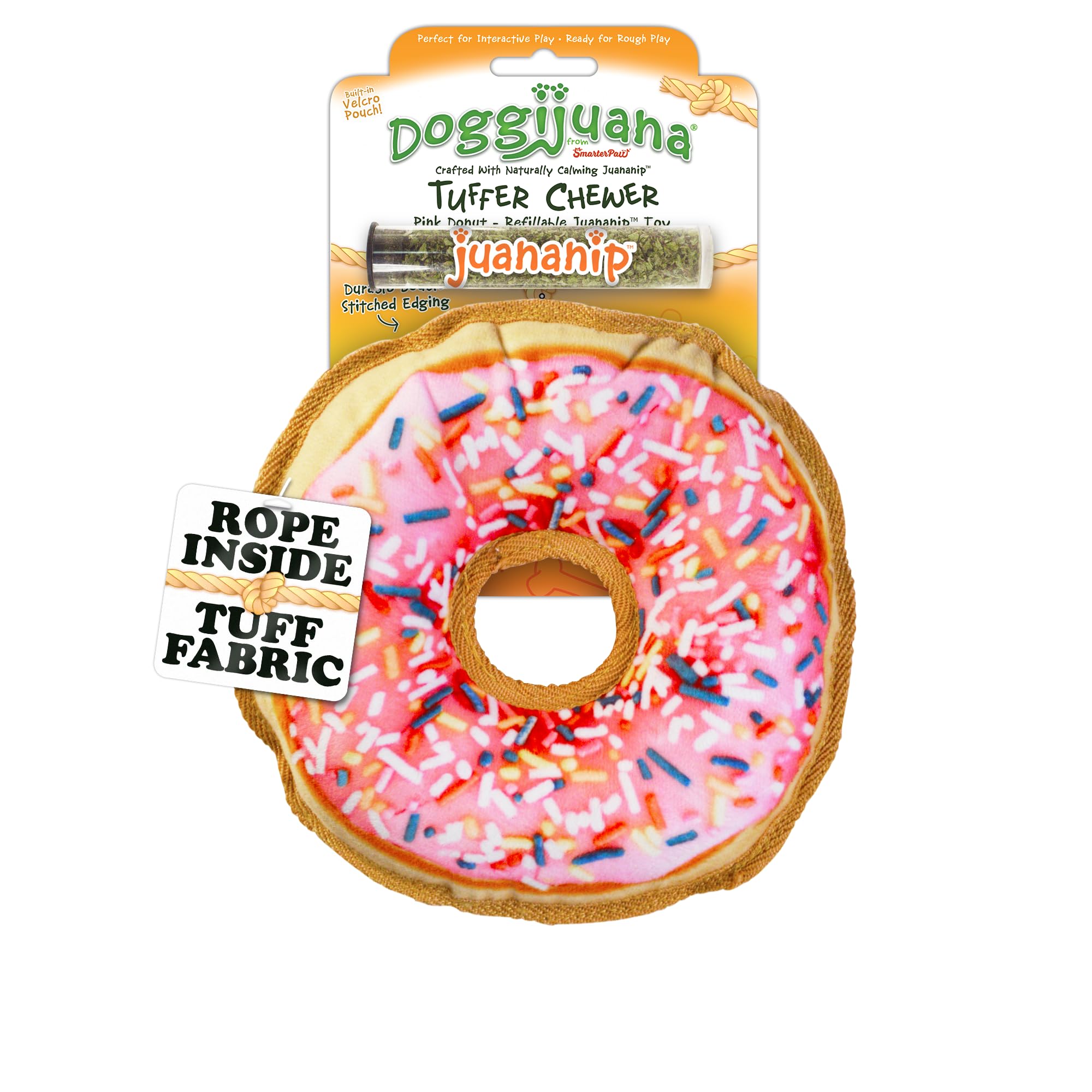 Doggijuana Tuffer Chewer Plush Dog Toy, Sprinkled Donut | Squeaky Refill