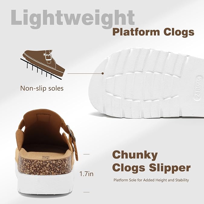 Women's Suede Platform Clogs with Cork Footbed, Closed Toe Sandals with Adjustable Buckle, Mules Anti Slip On, Comfort Potato Shoes Footwear, Memory Foam Slippers Outdoor