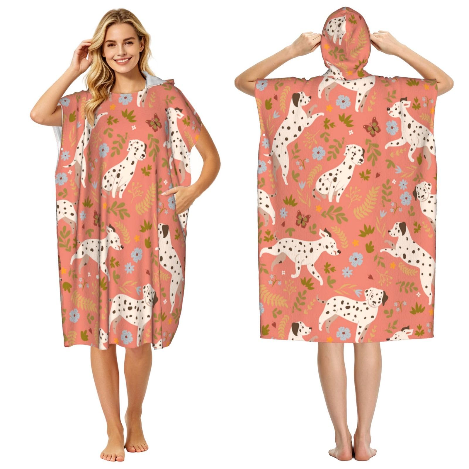 Poadnly Dalmatians Playing, Adult Hooded Beach Towel 90 x 110 cm,Changing Bath Robe, Surf Poncho Towel For Women Men