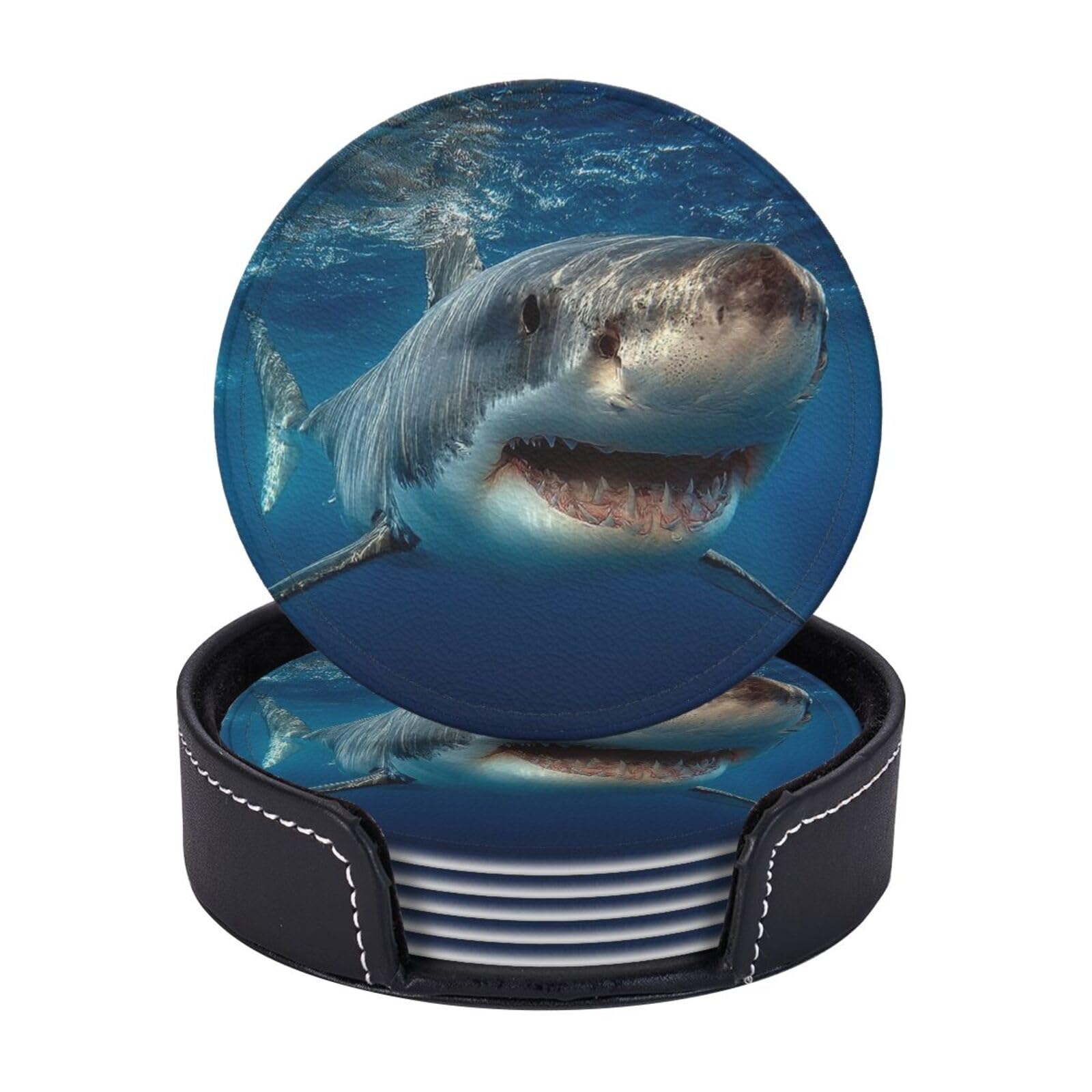 Drink Coasters 6 PCS Round Leather Coaster Shark Animal Print Coasters for Drinks Non-Slip Mugs Pads with Holder Personalized Cups Pad Mat for Coffee Table Kitchen 10 CM