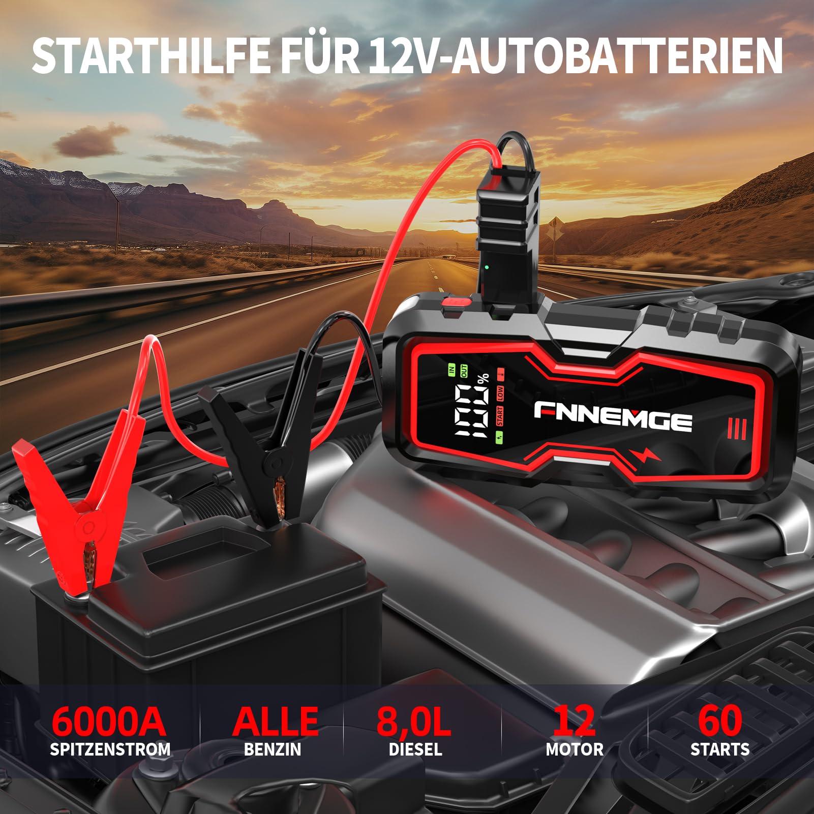 FNNEMGE Auto Starthilfe Powerbank, 6000A 22800mAh Spitzenstrom, geeignet für 12V Auto-Batterien (Alle Benzin und Bis Zu 8,0L Diesel), mit USB-Ladeausgang, LED-Licht und HD-Großbildschirm