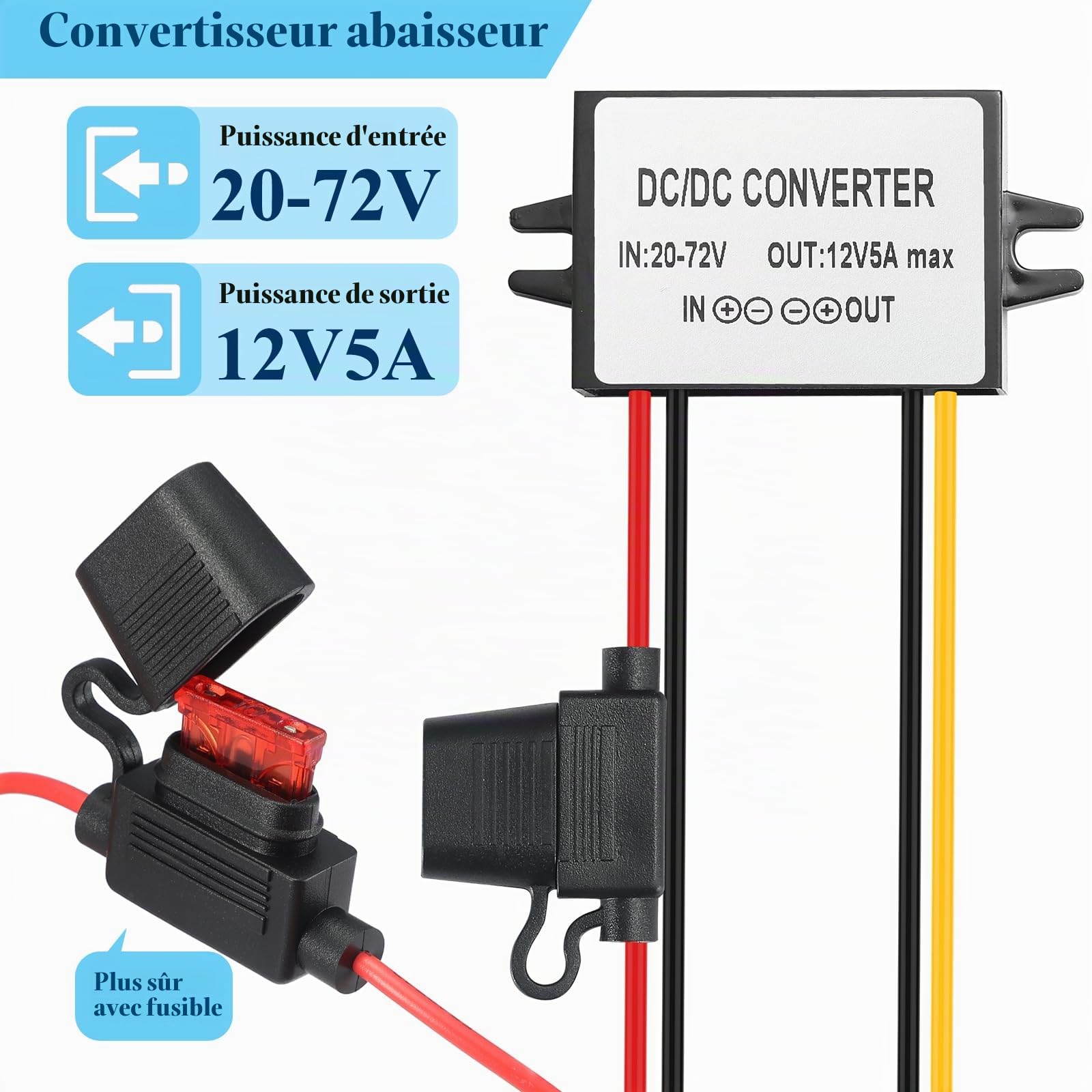 IP67 Convertisseur DC-DC imperméable 17-72V à 12V 5A 60W - Régulateur de tension pour camions, tracteurs, systèmes solaires (à l'épreuve de la poussière/des chocs)