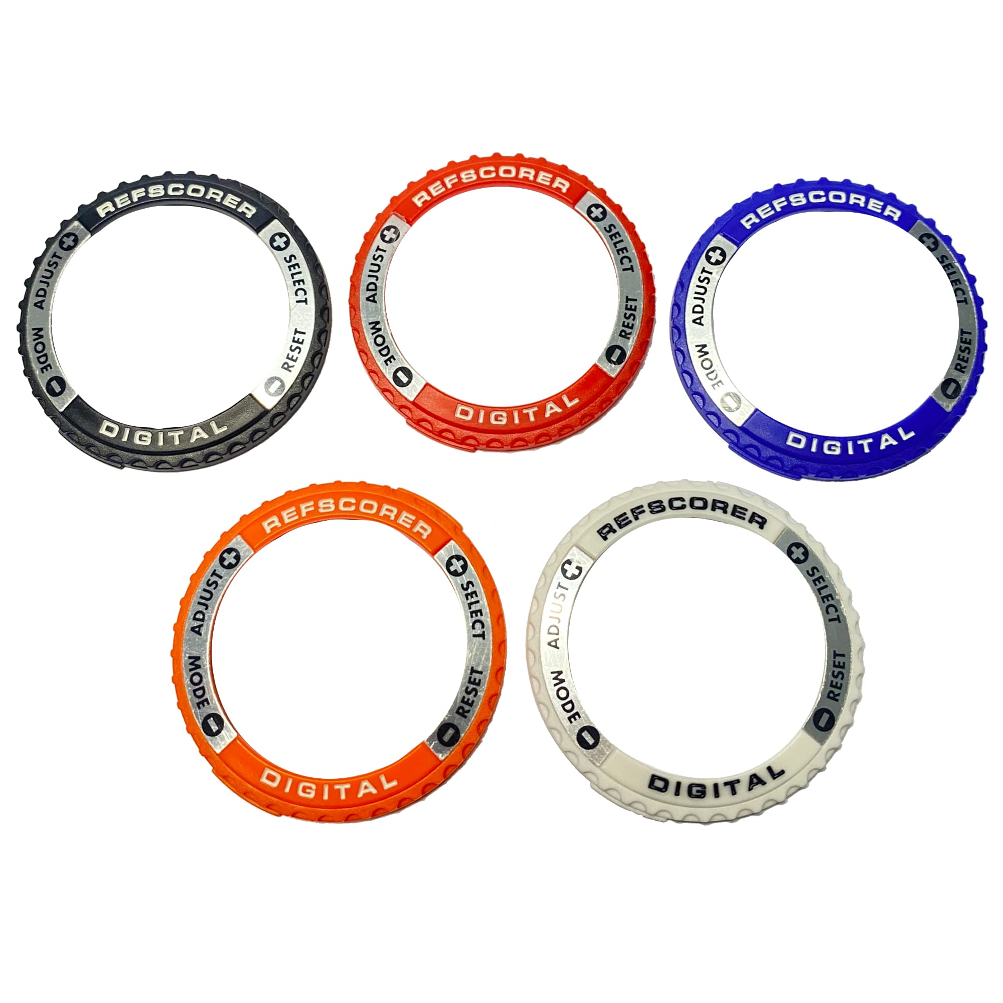 A 5 Pack Interchangeable Top Ring Bezels for the Digital NEW v2.021 Referee Watch Pack A (Original Silver Black, Red, Navy Dark Blue, Orange and White)