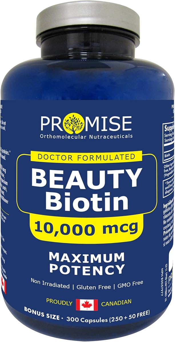Promise Orthomolecular Nutraceuticals Promise Beauty Biotin, 10,000 mcg per capsule, MAXIMUM POTENCY, for Healthy Hair Skin and Nails, Made in Canada (300 caps (Pack of 1))