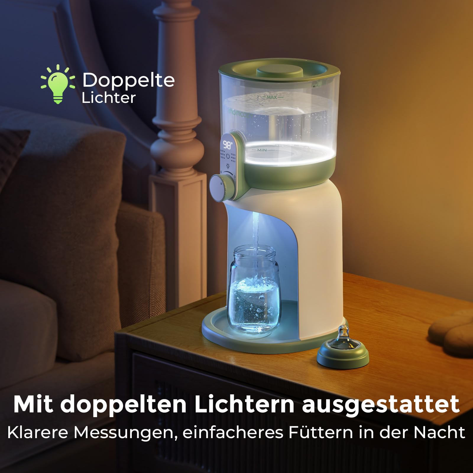 Momcozy Flaschenzubereiter Baby mit Dual-Licht, Schneller Flaschenwärmer zur Milchzubereitung, 1,69 Liter Großvolumen, Milchzubereiter mit 6 Temperaturstufen, Heißwasserspender für Babynahrung