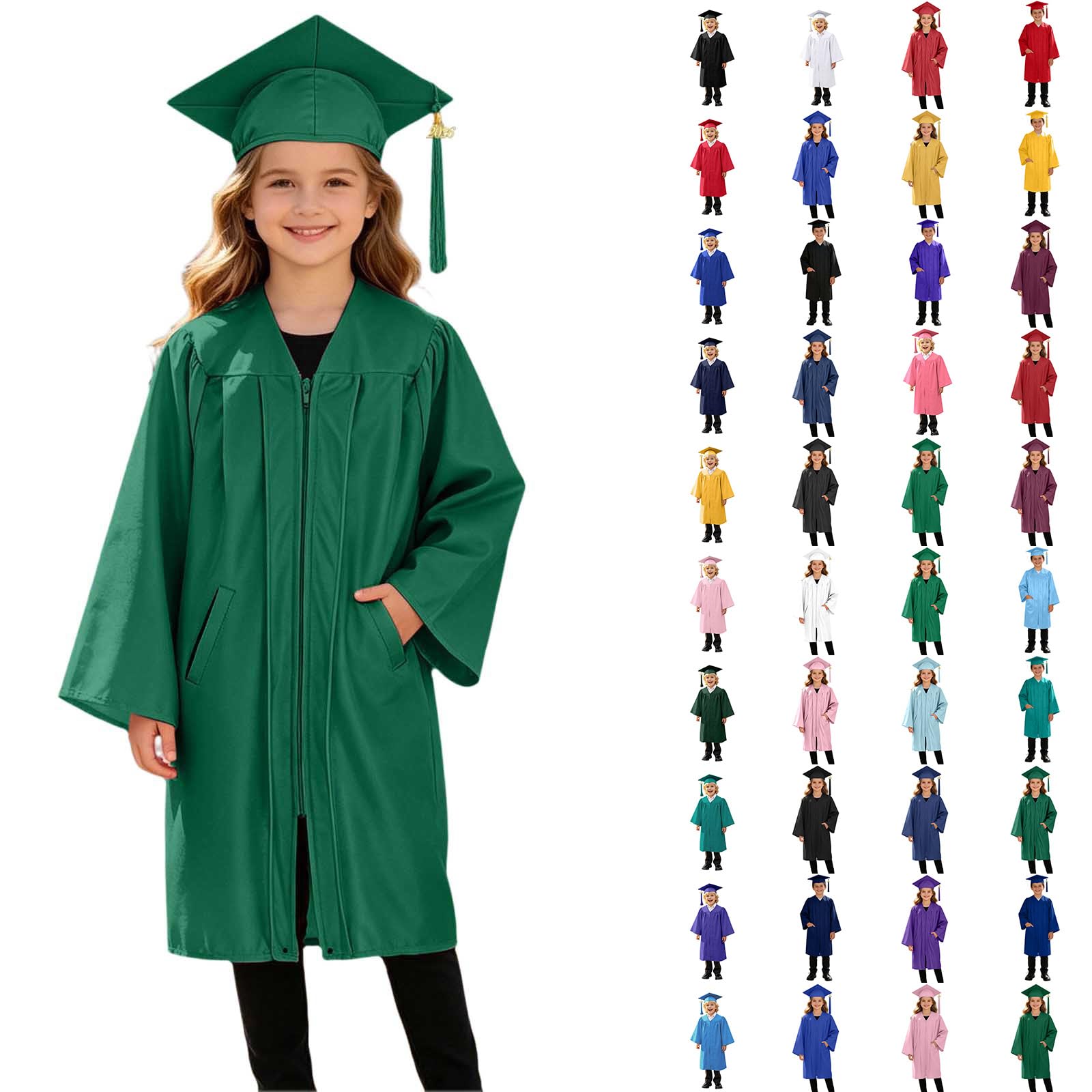 3 Piece Graduation Set for Kids, Gown, Cap, Gold 2026 Tassel, Unisex Boys Girls Preschool Kindergarten Primary School Graduation Gown and Cap Dress Up Props Costume, 38-Dark Green