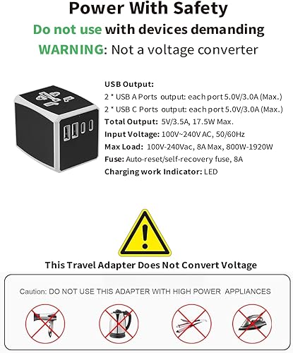 Miniatura 9 de Adaptador de viaje universal, enchufe de viaje internacional con 4 puertos USB, cargador de pared de viaje en todo el mundo para EE. UU./Reino