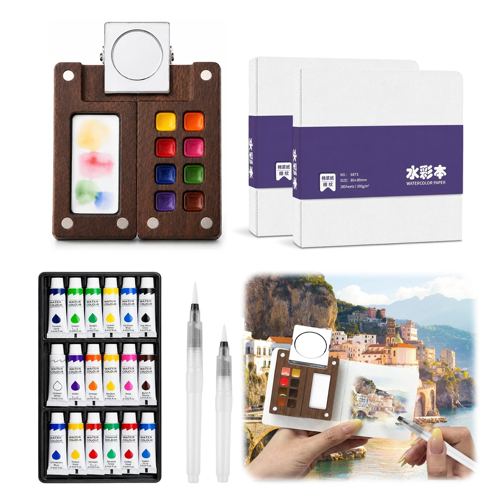 Fakindiy Mini Watercolour Paint Set - Travel Watercolour Set, 8 Grid Walnut Wood Pocket Palette with 18 Paints, 2 Sketchbooks, Brush Pens and Clip, Art Painting Gift Set for Beginners Artists