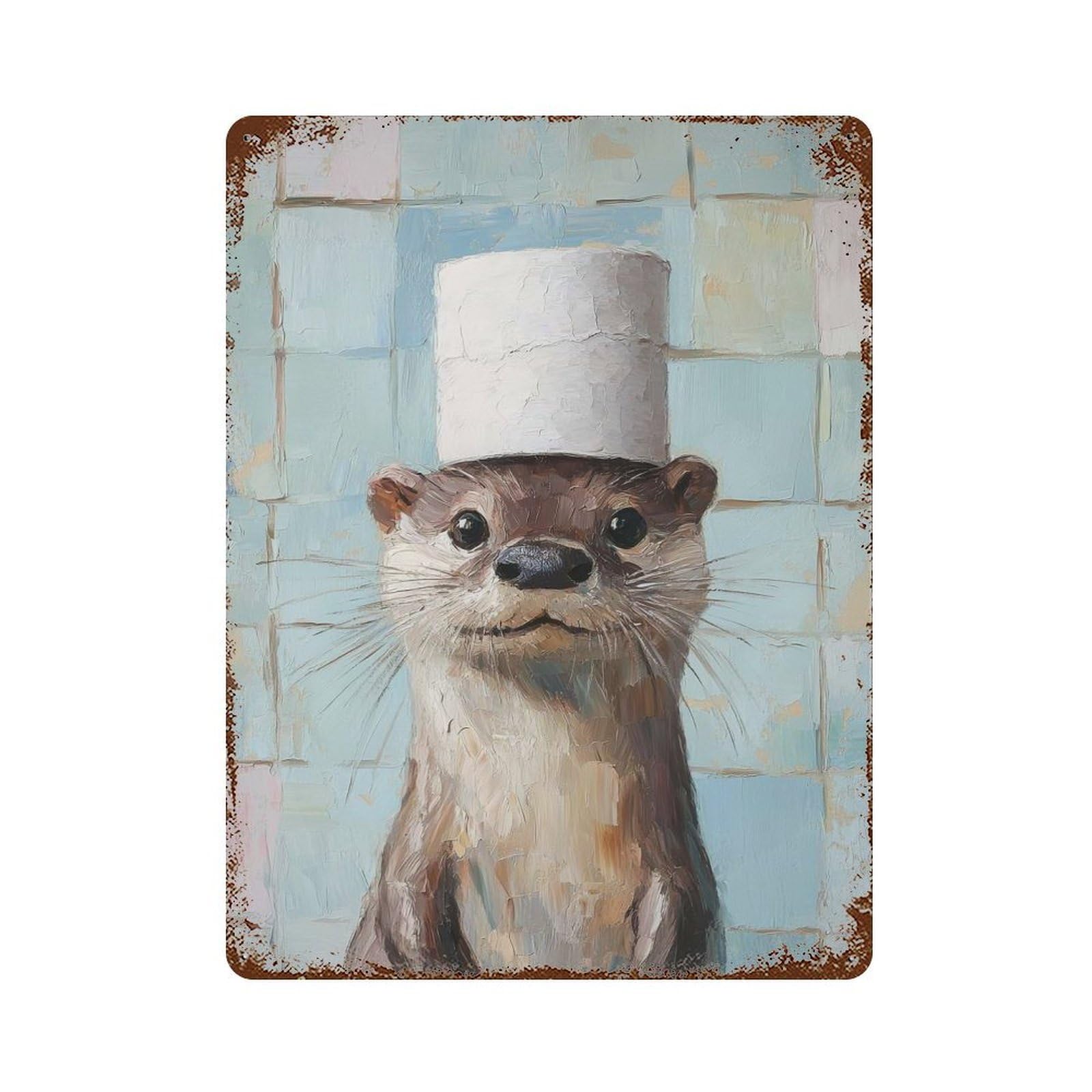 Rust Effect Otter in A Toilet Paper Hat Vintage Rust Metal Sign 15.7"x11.8", Farmhouse Wall Decor for Farmhouse, Kitchen And Entryway Decor