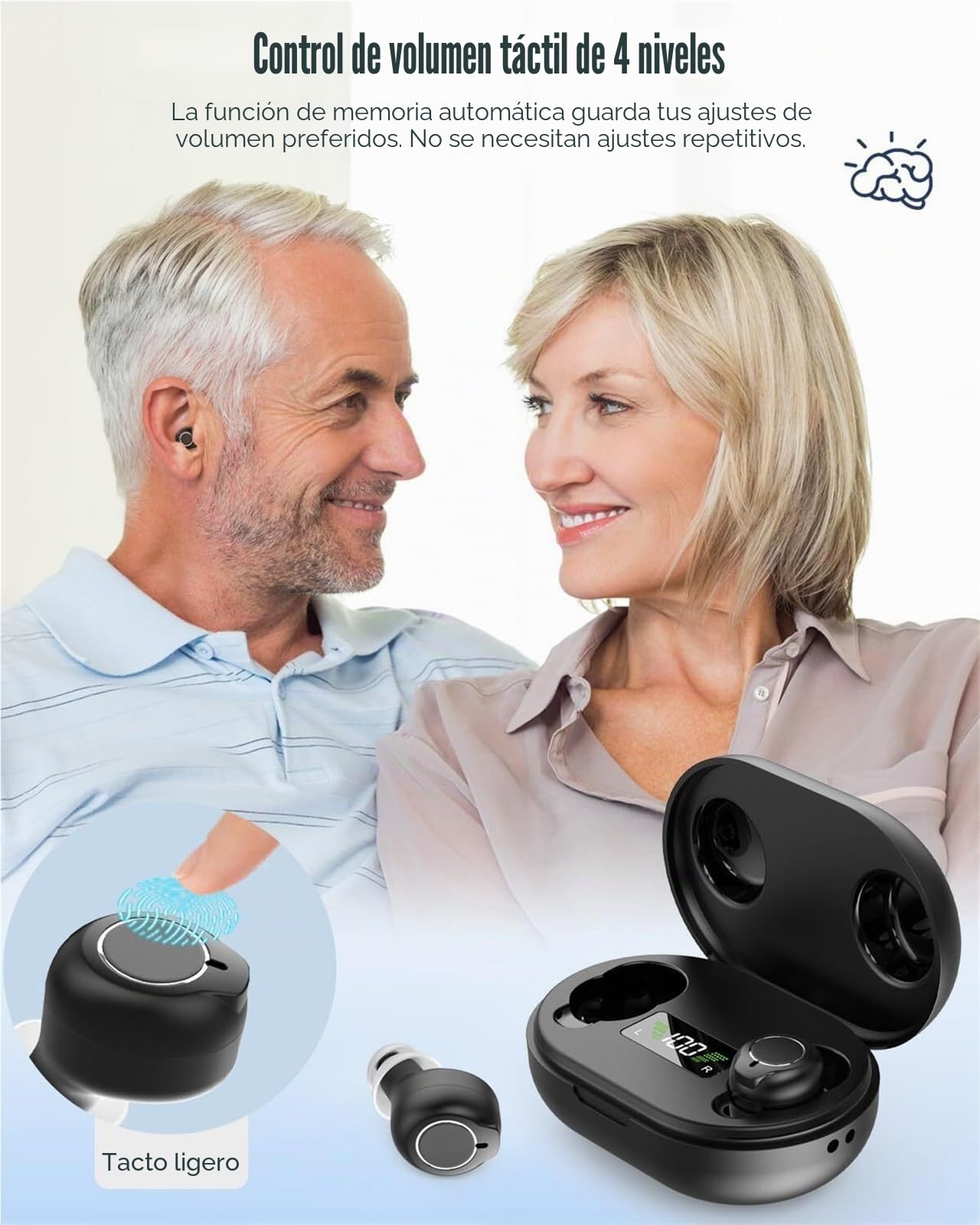 Amplificador de sonido personal inteligente, diseño semi-in-ear ligero, reducción inteligente de ruido, arranque sin comentarios, ajuste de volumen táctil, ideal para mejorar la escucha
