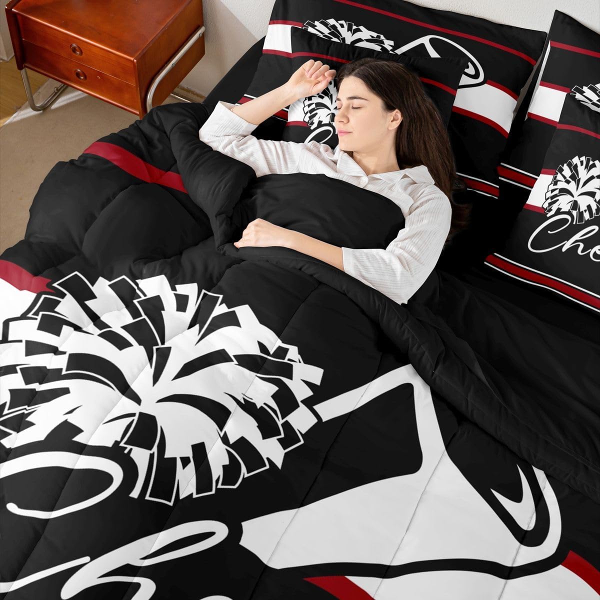 Feelyou Cheer Queen Comforter Set with Sheets for Kids Boys Girls Cheerleader 7 Pieces Bedding Set Sport Cheerleading Team Bed in a Bag Black Red Room Decor Soft Lightweight Microfiber