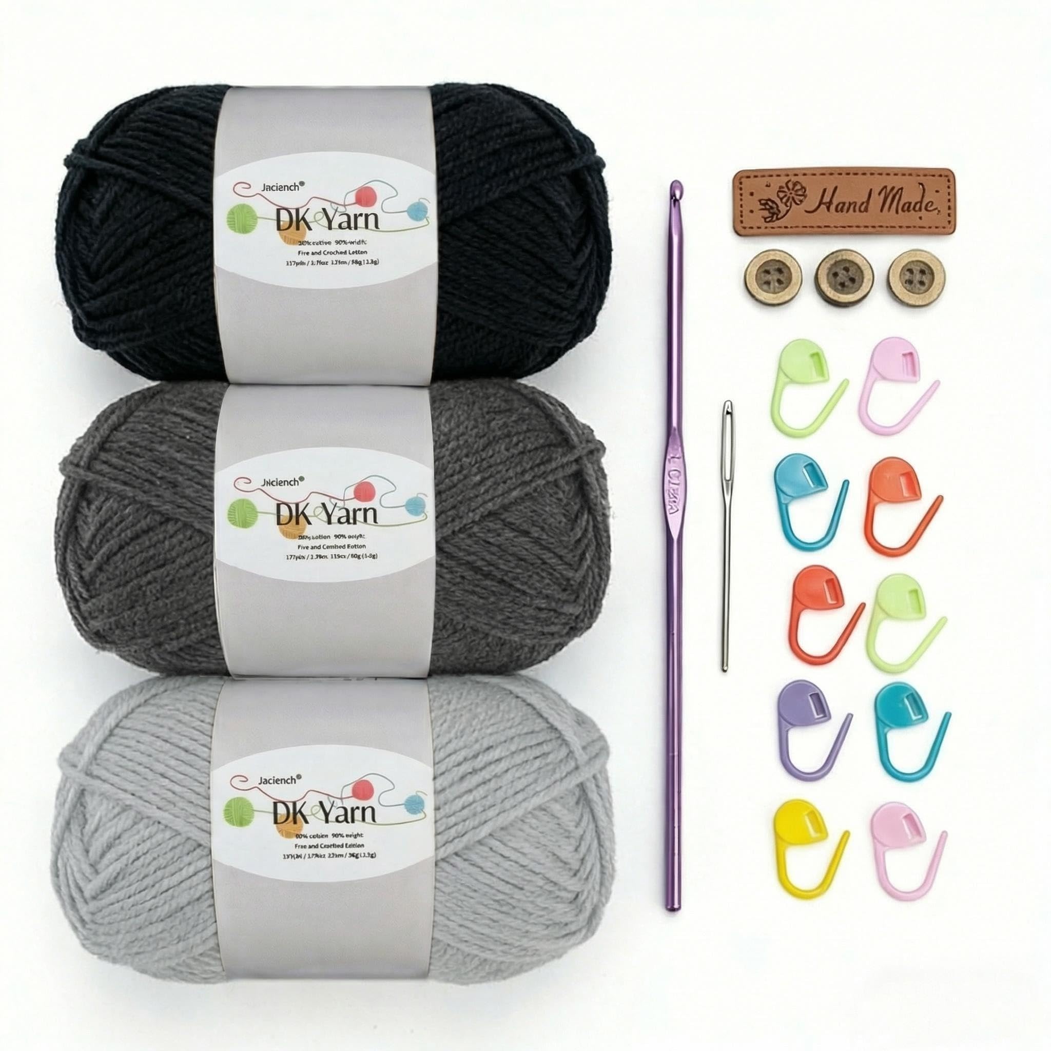 Crochet Yarn Kit, 3×50g 60% Cotton 40% Acrylic Combed Cotton Yarn with 3mm Hook & Accessories, DK Wool for Beginners Amigurumi Socks Blankets (Black、Dark Grey、Light Grey) — image 1
