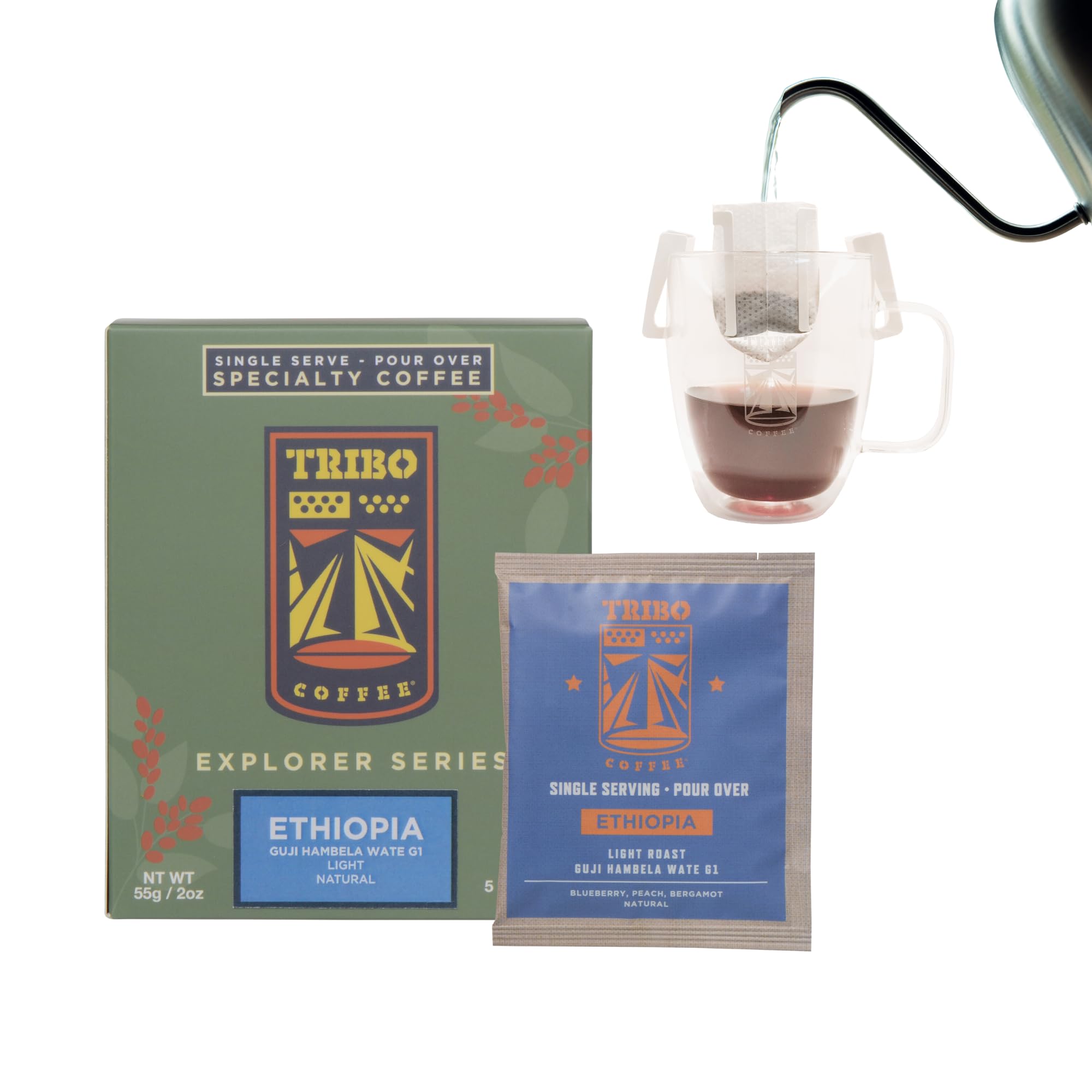 Tribo Coffee Single-Serve Portable Pour Over Drip Coffee - Ethiopia Guji Natural - 5 Servings (Light Roast)