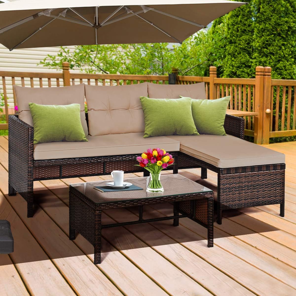 Renatone 3 Pieces Outdoor Patio Furniture, Wicker Patio Conversation Set with L-Shape Sofa, Soft Cushions, Glass Tables, Sectional Small Patio Furniture Set for Porch, Backyard, Balcony Decor (Brown)
