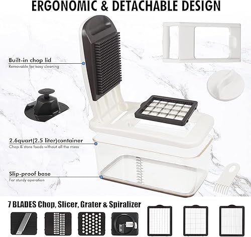 Miniatura 7 de RüK Picador de verduras, cortador de verduras extra grande, picador de alimentos profesional multifuncional 10 en 1, 6 cuchillas, 4 espiralizadores