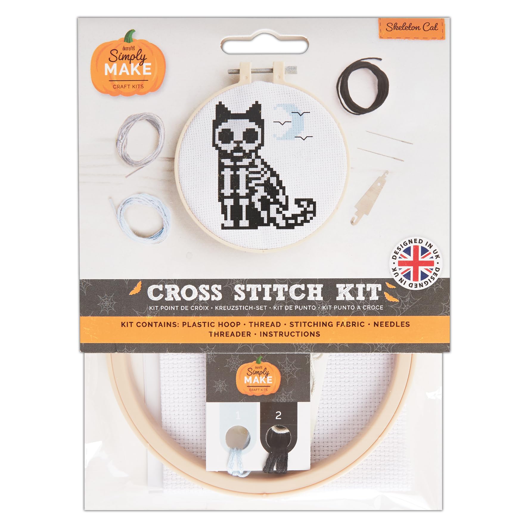 Simply MAKE Cross Stitch Kit Skeleton Cat Design, Halloween, Hoop, Embroidery Thread, Fabric and Needle, Beginners, Starter Cross Stitch Craft Kit, Great Gifts, Craft Hobbyists, Halloween Décor