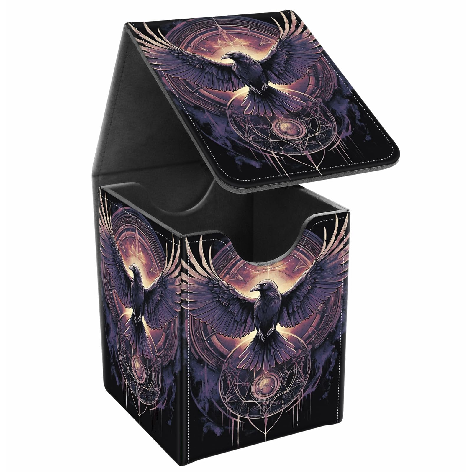 JANENFNA Card Deck Box, Card Storage Box Fits 100+ Single Sleeved Cards, Large Capacity PU Leather Card Storage Box with Strong Magnet for Magic Commander TCG/CCG, Raven