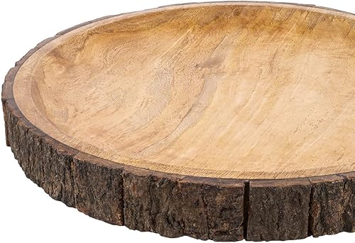 Miniatura 3 de GoCraft Plato redondo de madera para servir con corteza de árbol en los bordes, plato de pizza de madera de mango, tabla para servir, plato de