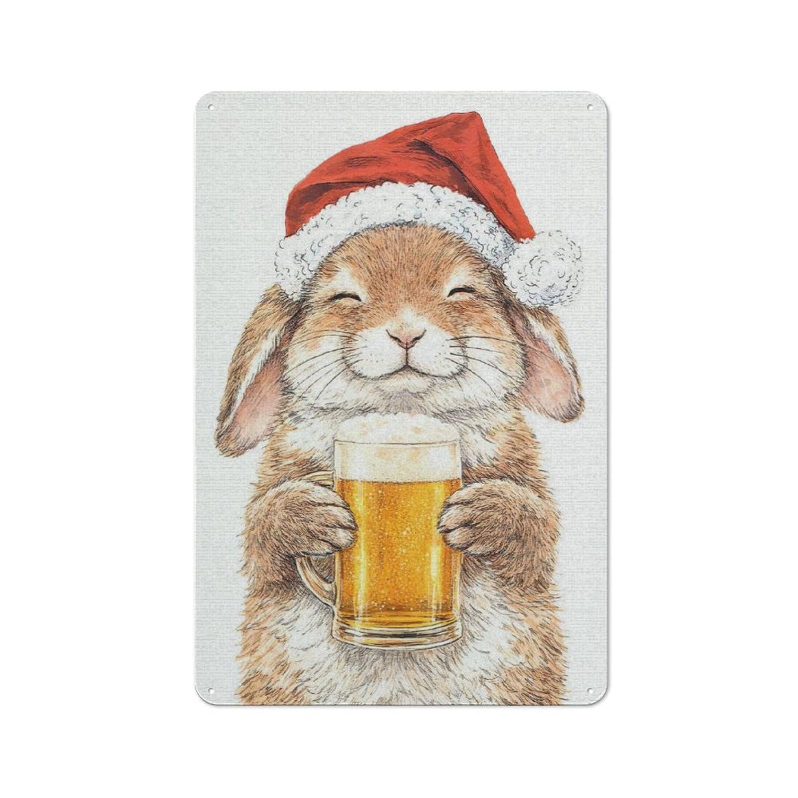 Junmoney Style-23 Workshop Style Bunny In Santa Hat With Beer Tin Sign 30X20cm, Industrial Wall Art For Garage, Hobby Room, Office Or Man Cave