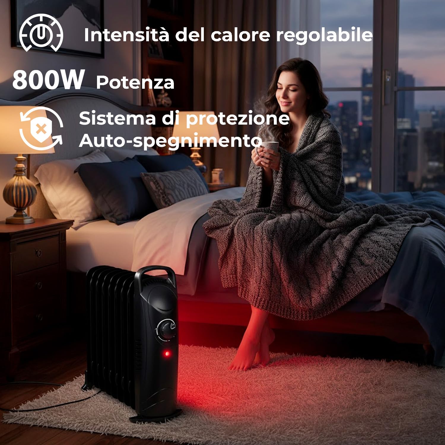 Radiatore Elettrico a Olio 800W Calorifero Portatile a Basso Consumo con 7 Elementi Riscaldanti Termostato Maniglia Integrata Anti Surriscaldamento Per Stanze fino a 25m³ 38 × 14 × 30.5 Cm Nero