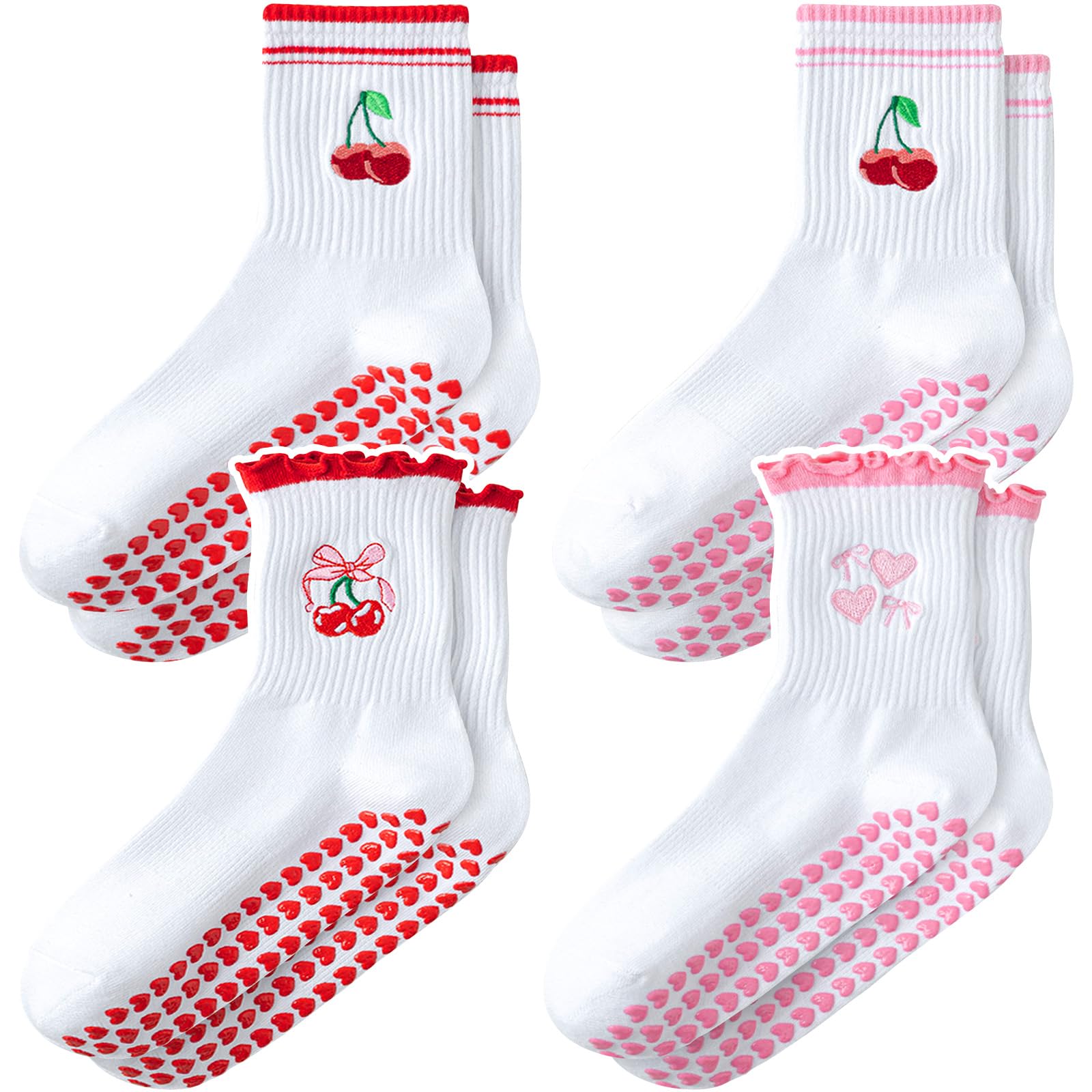 ZFiSt Pilates Socks with Grips for One Size, 2pair Pink+2pair Red