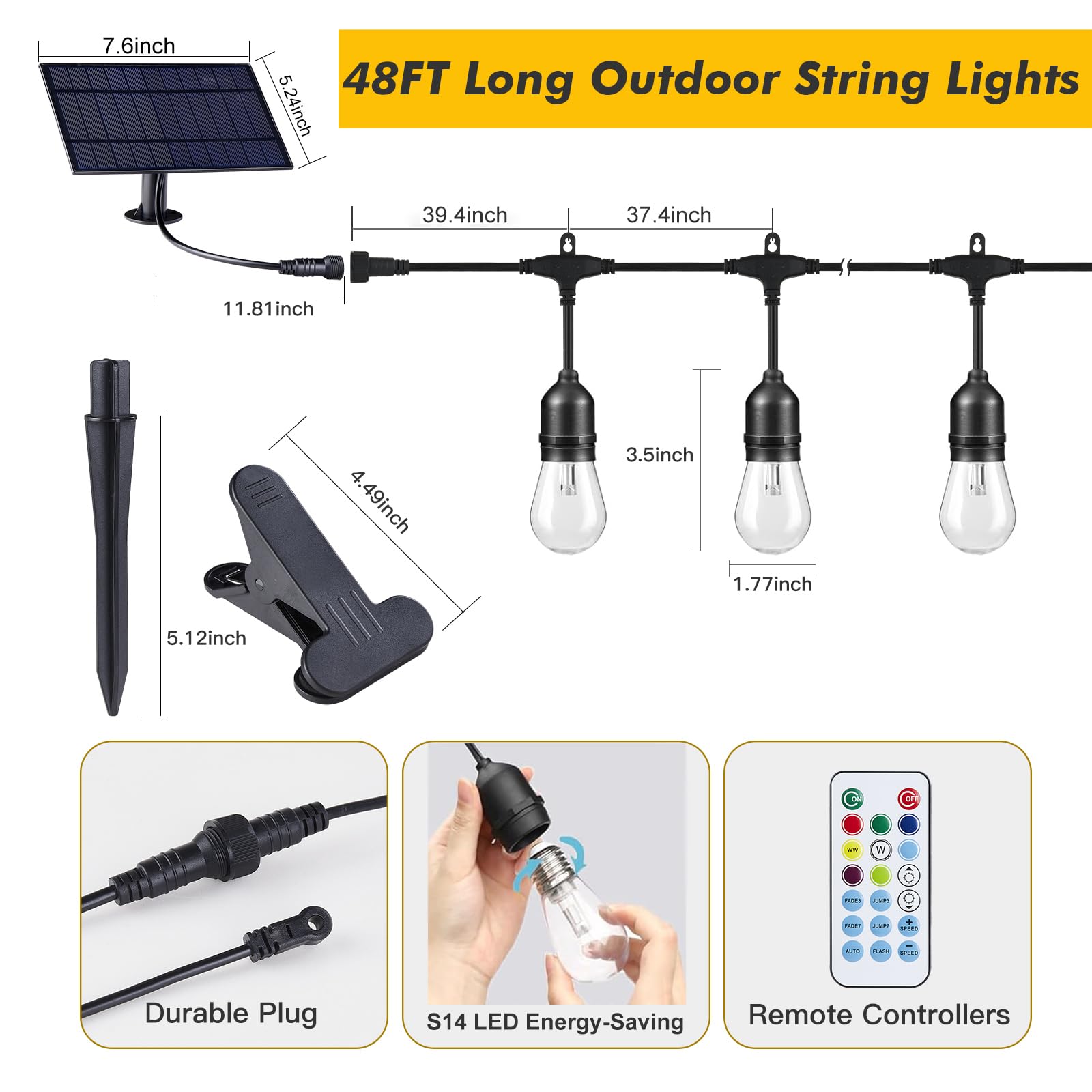 Auroraworld Color Changing Outdoor String Lights 48ft RGB LED Patio Lights with Remote, Waterproof IP65, Dimmable Fairy Lights for Outside