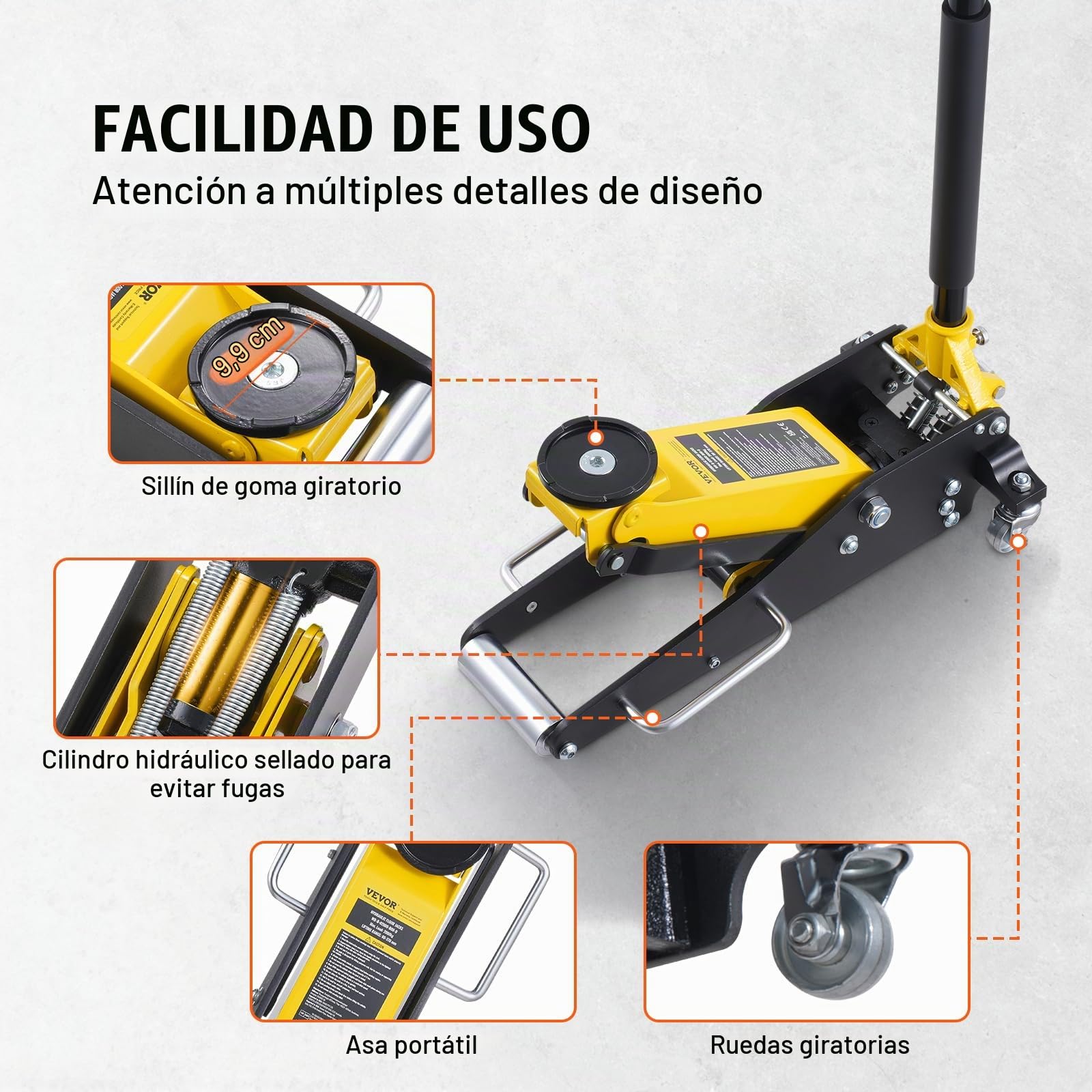 VEVOR Gato Hidráulico de Piso de Perfil bajo de 2 Toneladas, de Aluminio Resistente, para Carreras, con Bomba de Elevación Rápida de Doble Pistón, Rango Elevación de Altura de 80-370 mm(Amarillo)