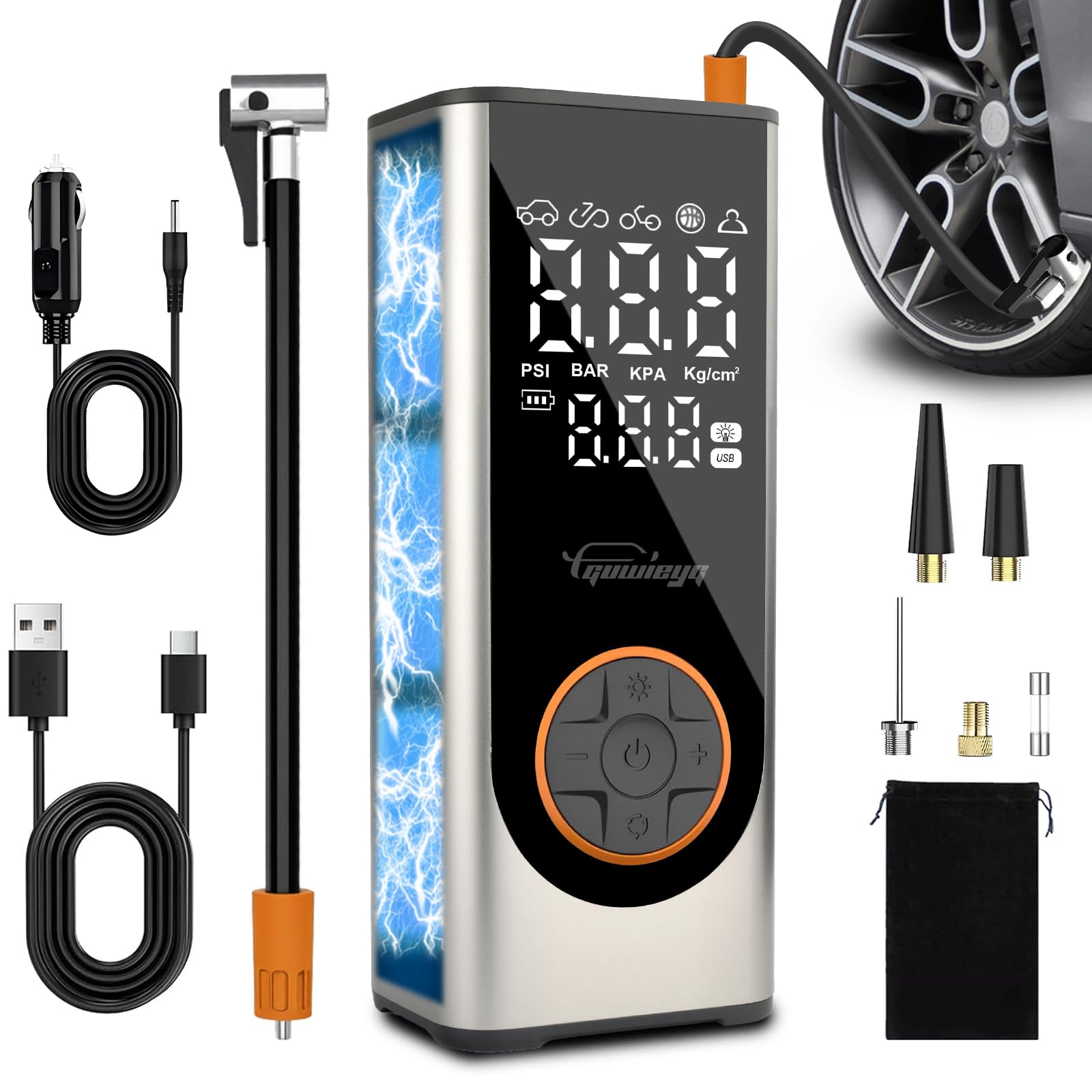 Compresor Aire Portatil, Inflador Ruedas Coche de 6000 mAh, Bomba de Neumáticos Eléctrica con Linterna LED para Coche, Bicicleta, Motocicleta y Balones