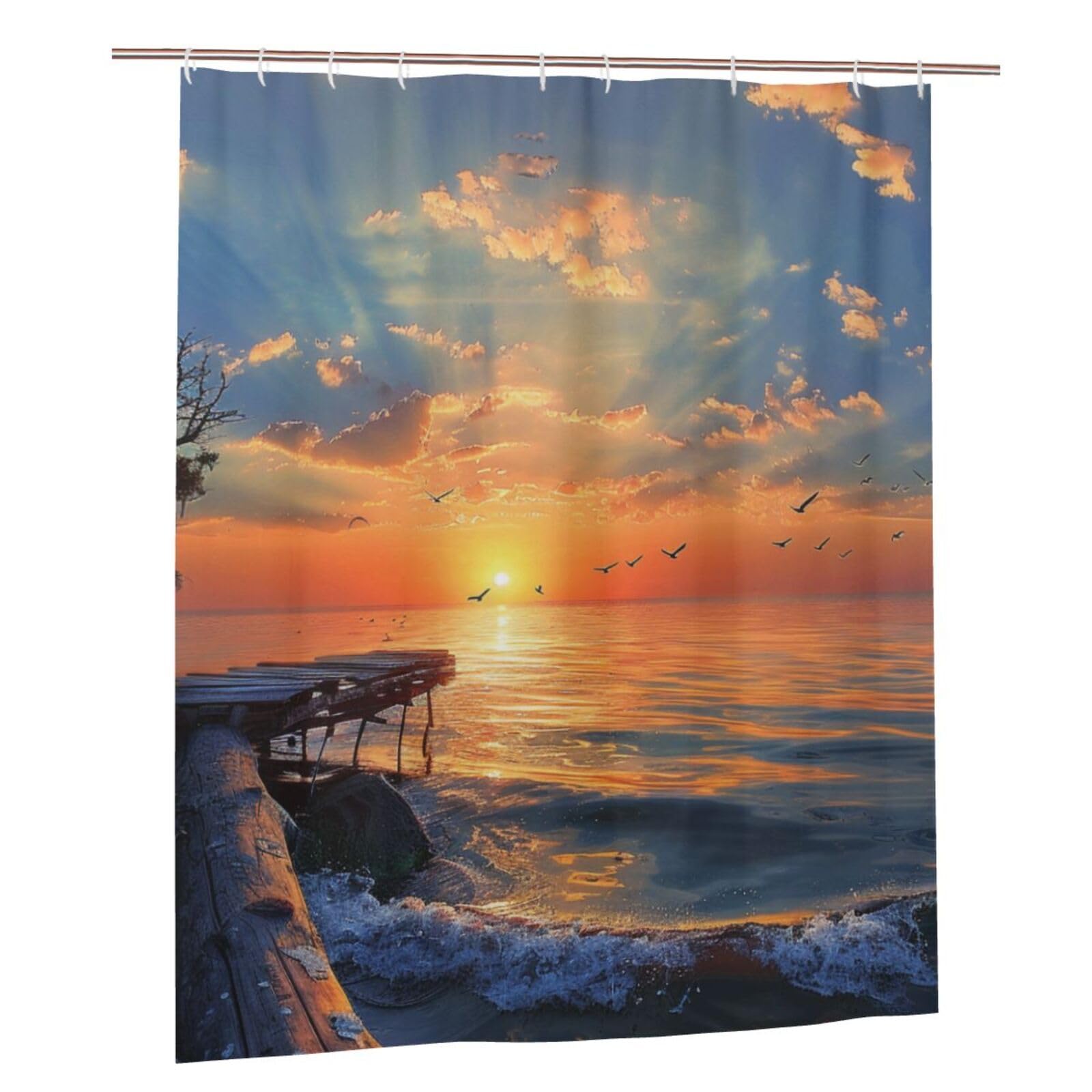 BWWHCCTI Sunset scenery Printed Shower Curtain With 12 Plastic Hooks Opaque Quick Drying Waterproof Shower Curtains Sets For Bathroom 152x183 Cm