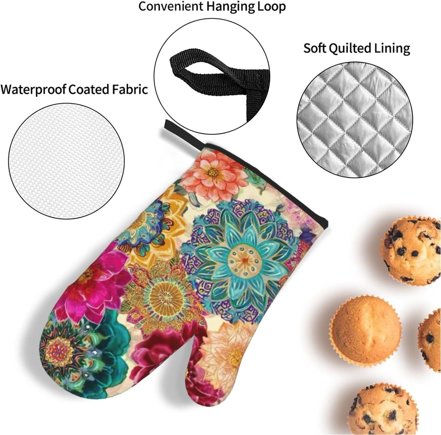 Oven Mitts and Pot Holders 4-Piece Set Boho Colorful Flower Heat Resistant, Non-Slip Kitchen Gloves with Hanging Loop for Cooking, Baking, Grilling, BBQ