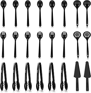 [24 Pcs] Disposable Plastic Serving Utensils Set - 8 Inches Plastic Serving Spoons Forks Tongs and Cake Server, Soup Ladle, Skimmer Spoon for Buffet, Catering, Party, Dinner