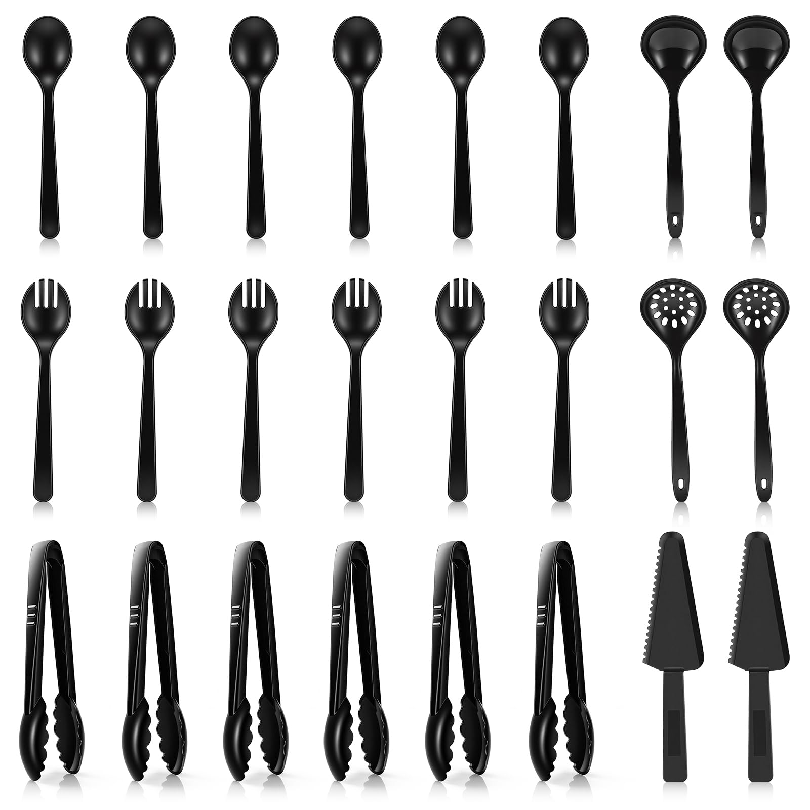 Photo 1 of [24 Pcs] Disposable Plastic Serving Utensils Set - 8 Inches Plastic Serving Spoons Forks Tongs and Cake Server, Soup Ladle, Skimmer Spoon for Buffet, Catering, Party, Dinner