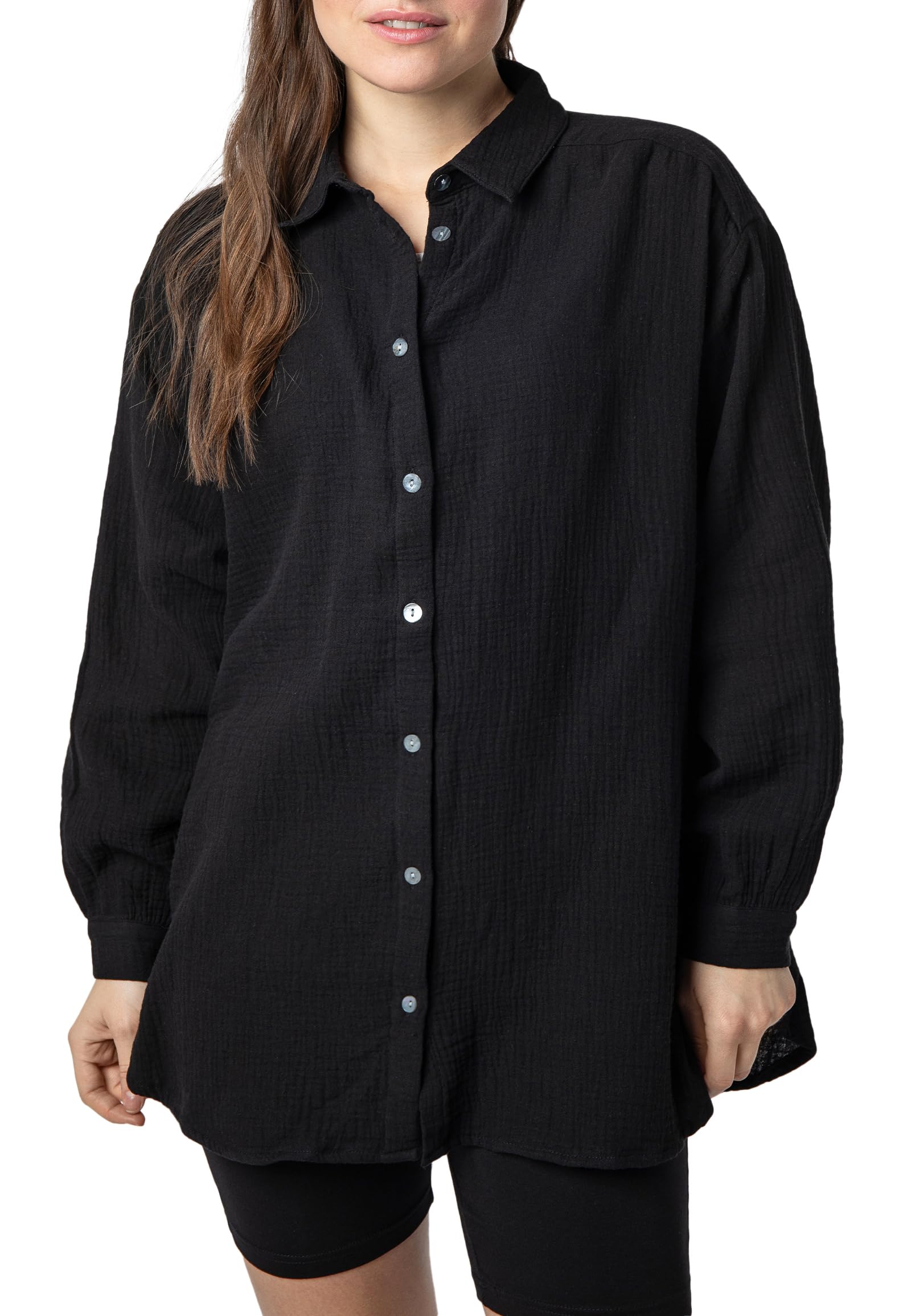 Sublevel Langarm Musselin Bluse mit Kentkragen - Damen Muselin Oversize Bluse, Baumwolle, Knopfleiste in verschienden Farben