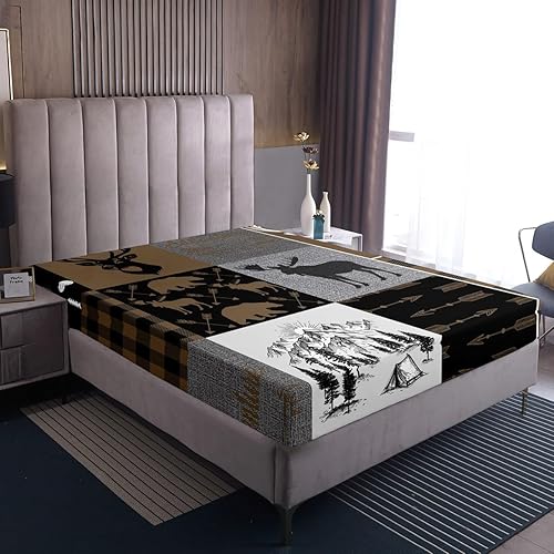 Miniatura 237 de Sábana bajera ajustable de oso de caza, juego de ropa de cama a cuadros de búfalo, sábanas de retazos de cabaña rústica para niños, niños, Multi