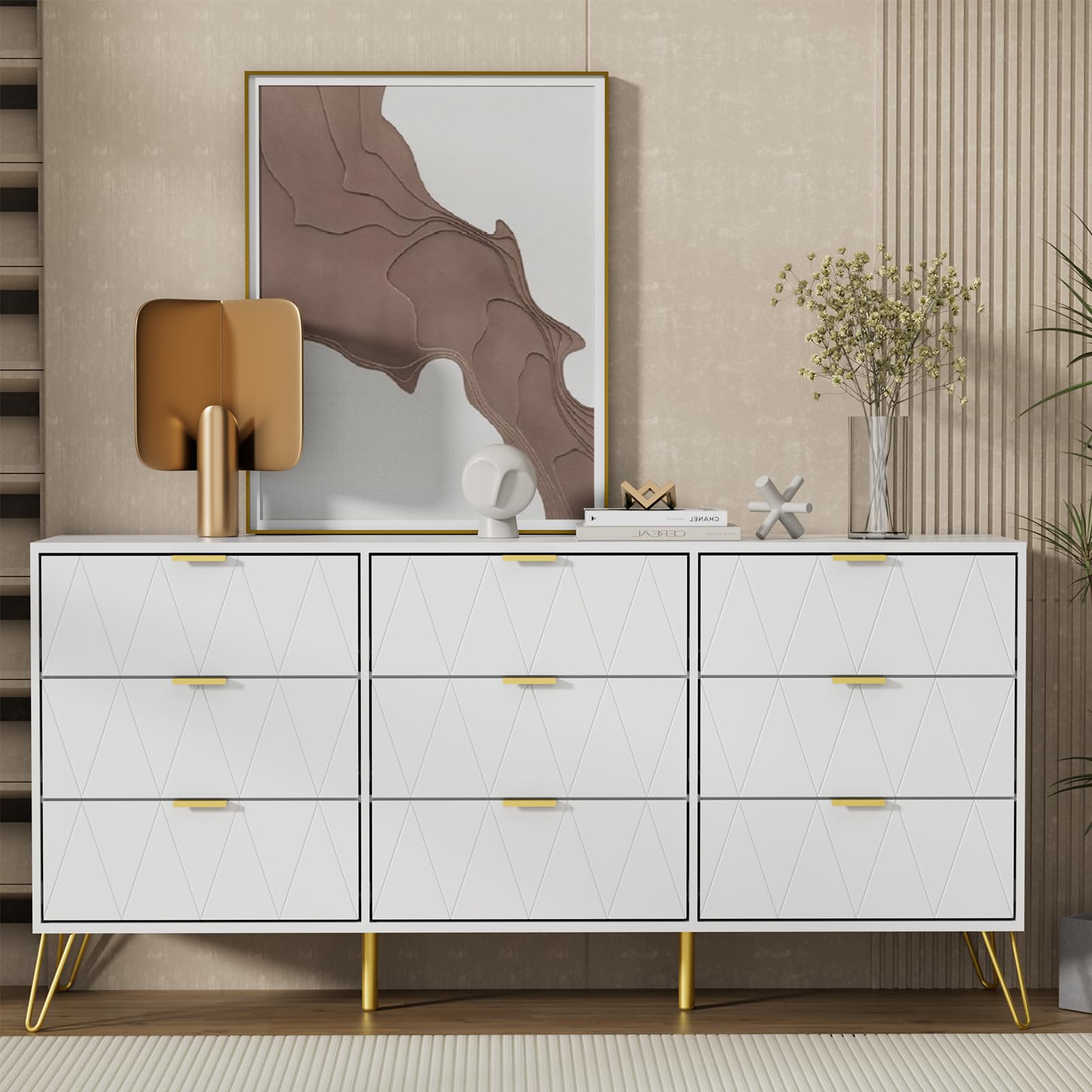 UEV White Dresser for Bedroom,Modern 9 Drawer Chest with Gold Accents,Long Storage Dresser for TV Stand & Closet,Large Chest of Drawers for Bedroom