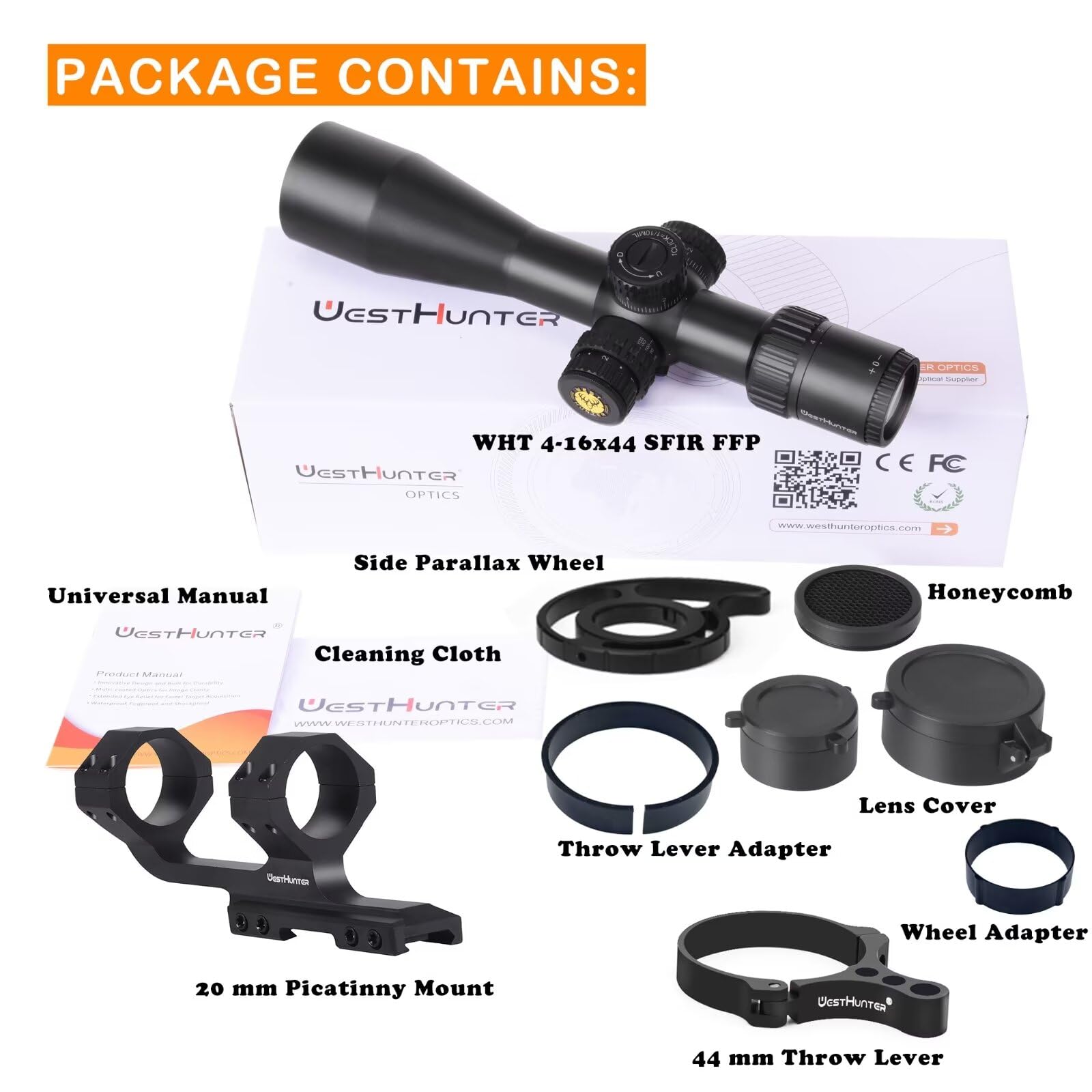 WestHunter Optics Wht 4-16x44 SFIR FFP Precisión Miras Telescópicas, Exclusivo para Competiciones Deportivas de Larga Distancia | Picatinny Shooting Kit A