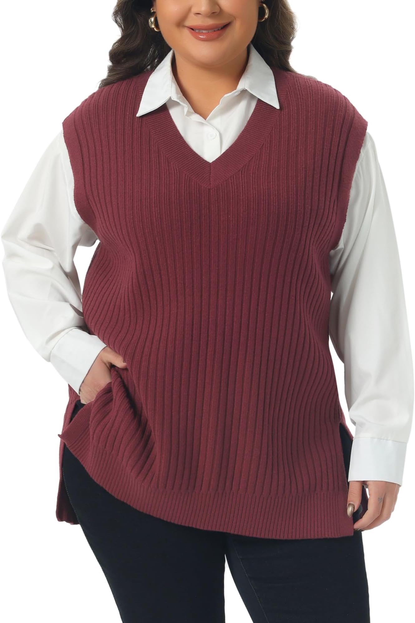 Plus Size Sweater Vest for Women V Neck Sleeveless Pullover Split Hem Knit Vest Classic Sweater Tops