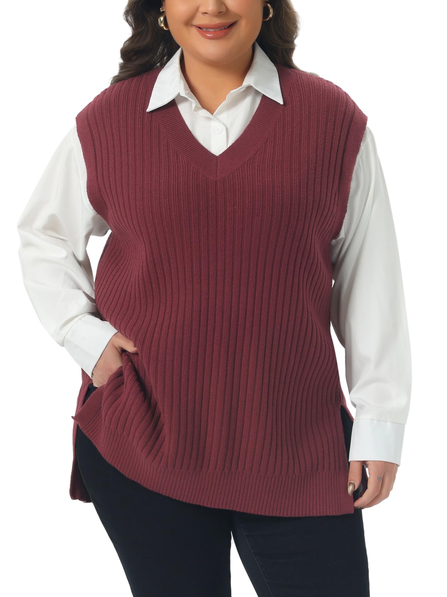 Plus Size Sweater Vest for Women V Neck Sleeveless Pullover Split Hem Knit Vest Classic Sweater Tops