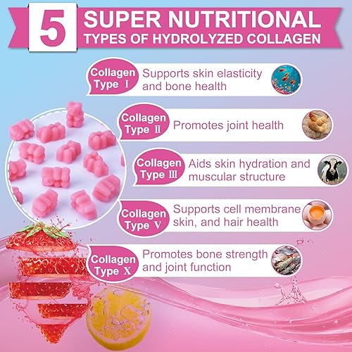 Miniatura 2 de Gomitas de péptidos de colágeno múltiples, tipo I, II, III, V, X - Péptidos de colágeno hidrolizados con biotina, ácido hialurónico, apoya la piel