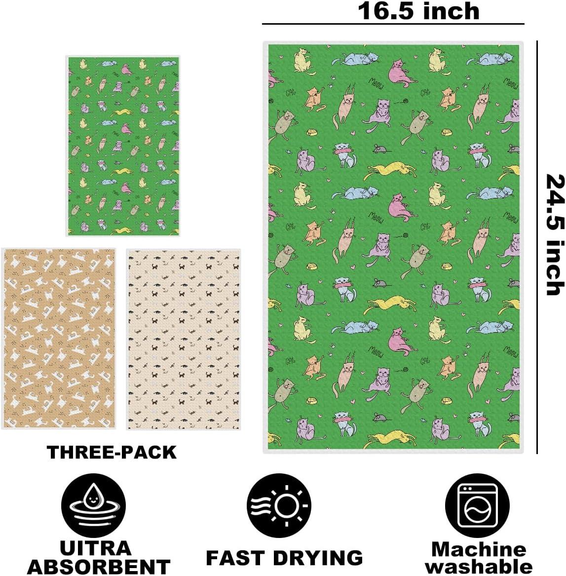 3 Pcs Cat Kitchen Towels, Cats Decorative Absorbent Microfiber Dish Cloth Tea Towel, Durable Waffle Hand Towels for Farmhouse Home Bathroom, Cat Lover Gifts for Women - Image 2