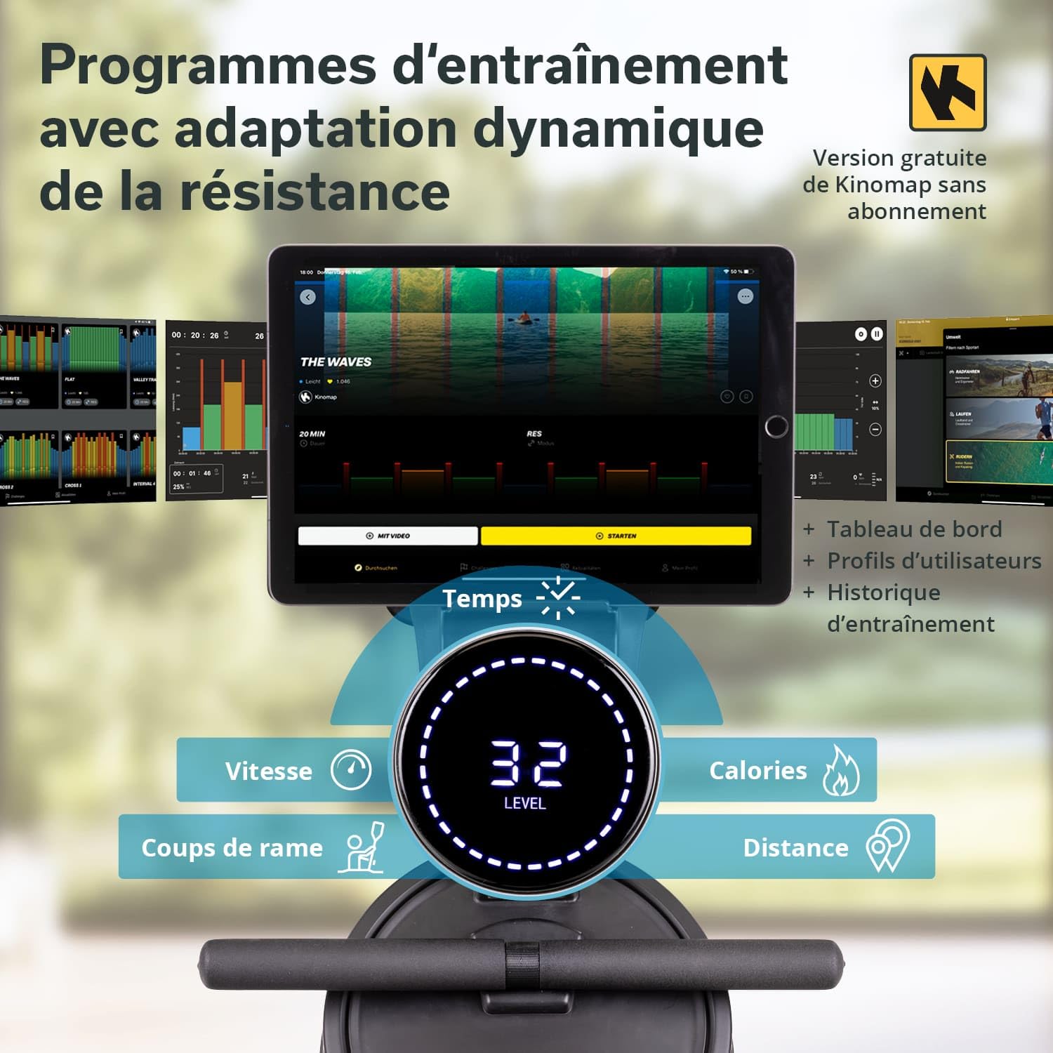 Skandika Rovek Rameur en bois pour la maison, résistance magnétique avec 32 niveaux, système de masse d'inertie de 6 kg, compatible avec application Kinomap, jusqu'à 195 cm