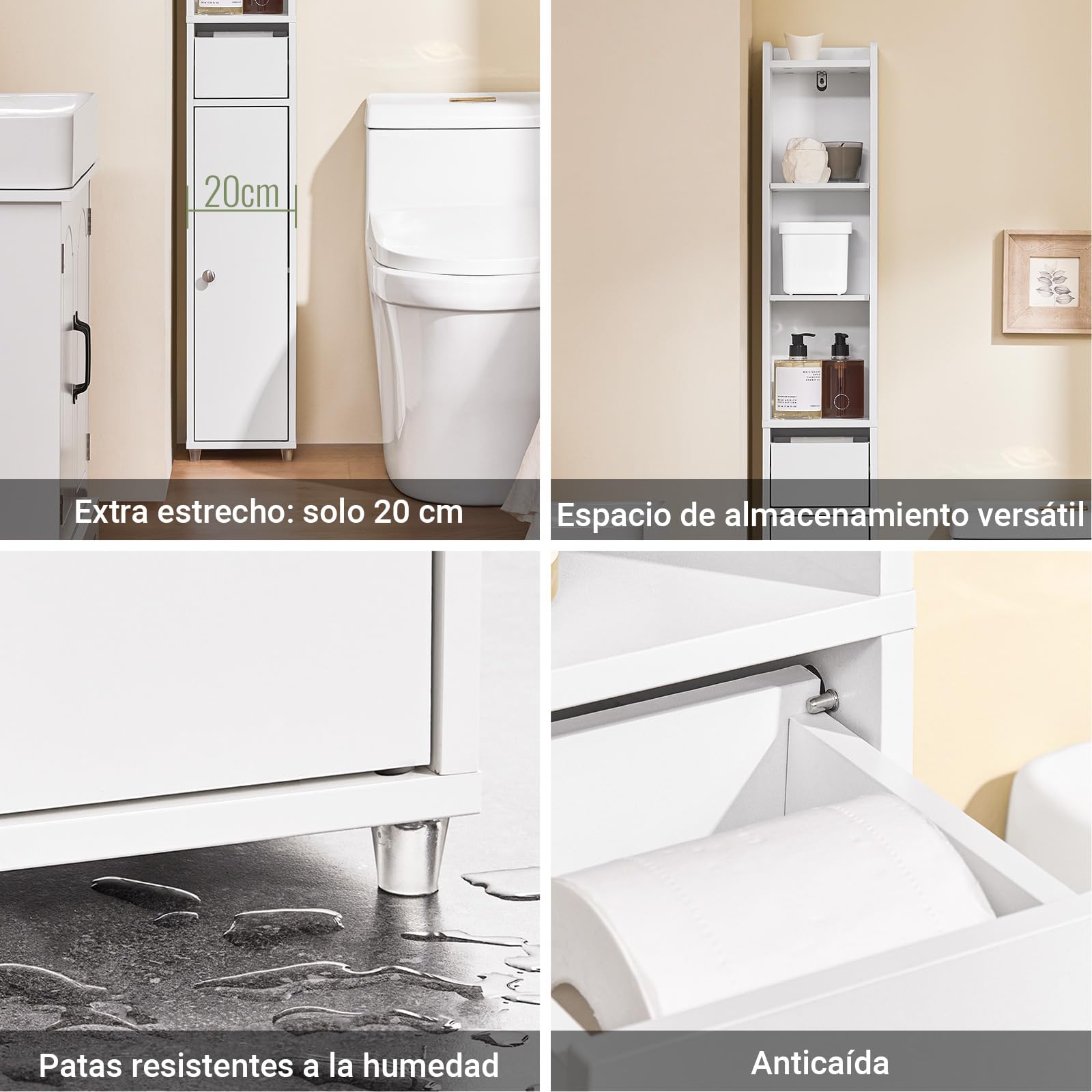 SoBuy Mueble Baño con Puerta y Cajón Estantería Multiusos 20x20x145cm | Armario Baño Estrecho, Columna Alta Mueble Auxiliar, Armario Almacenaje para Espacios Pequeños BZR34-K-W